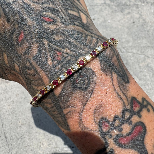 Vintage 14k Yellow Gold 2.5ctw Natural Diamond And Ruby Classic Tennis Bracelet (7.75”)