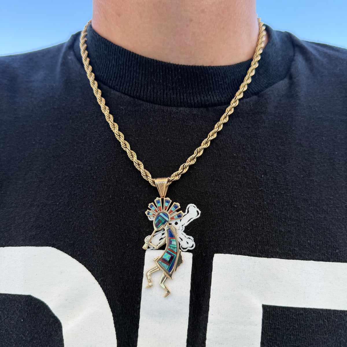 Vintage Native Southwestern Solid 14k Yellow Gold Multi-Stone Inlaid Kokopelli Pendant Signed “R. Nessie”