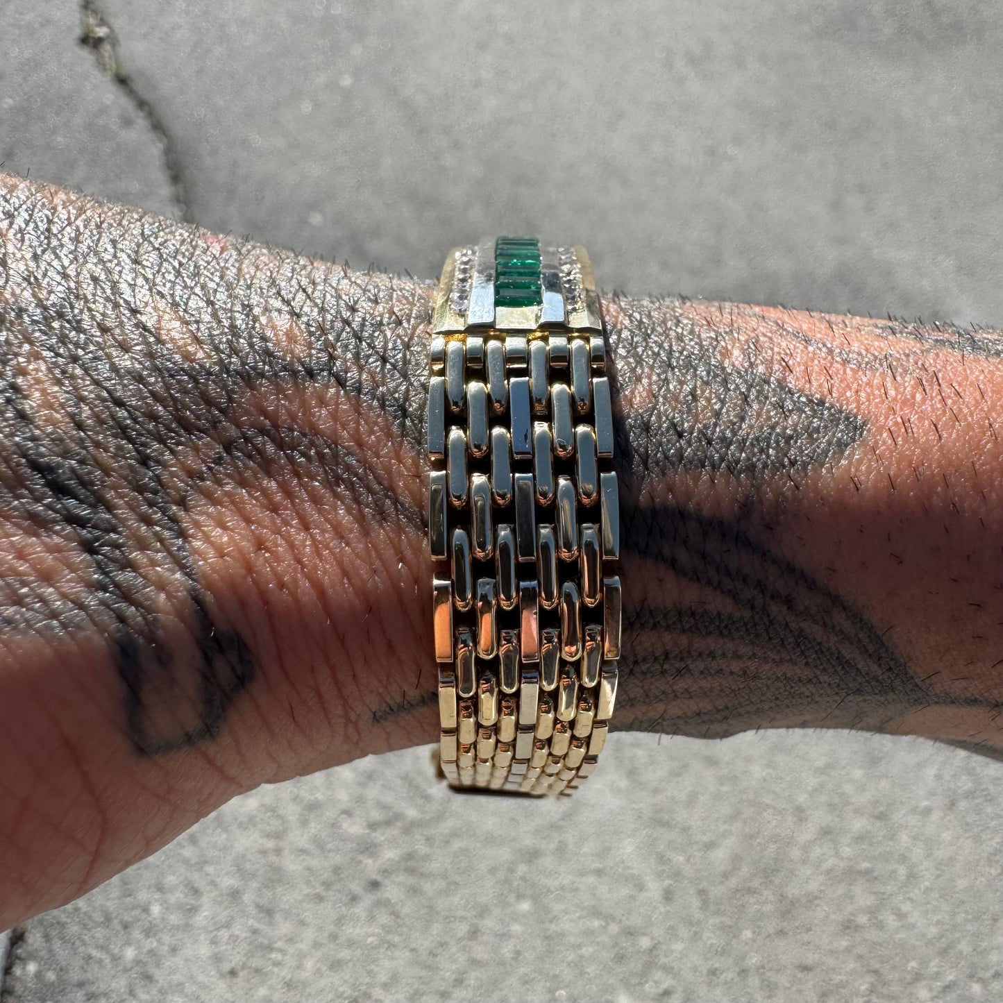 Vintage Heavyweight Solid 14k Yellow Gold 4ctw Natural Emerald And Diamond Panther Link ID Bracelet (7.75”)