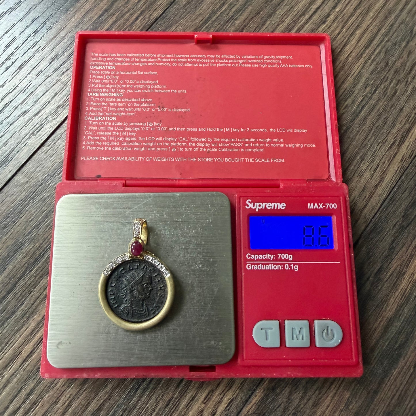Vintage 14k Yellow Gold Natural Diamond and Ruby Ancient 275-276A.D Tacitus Roman Coin Pendant