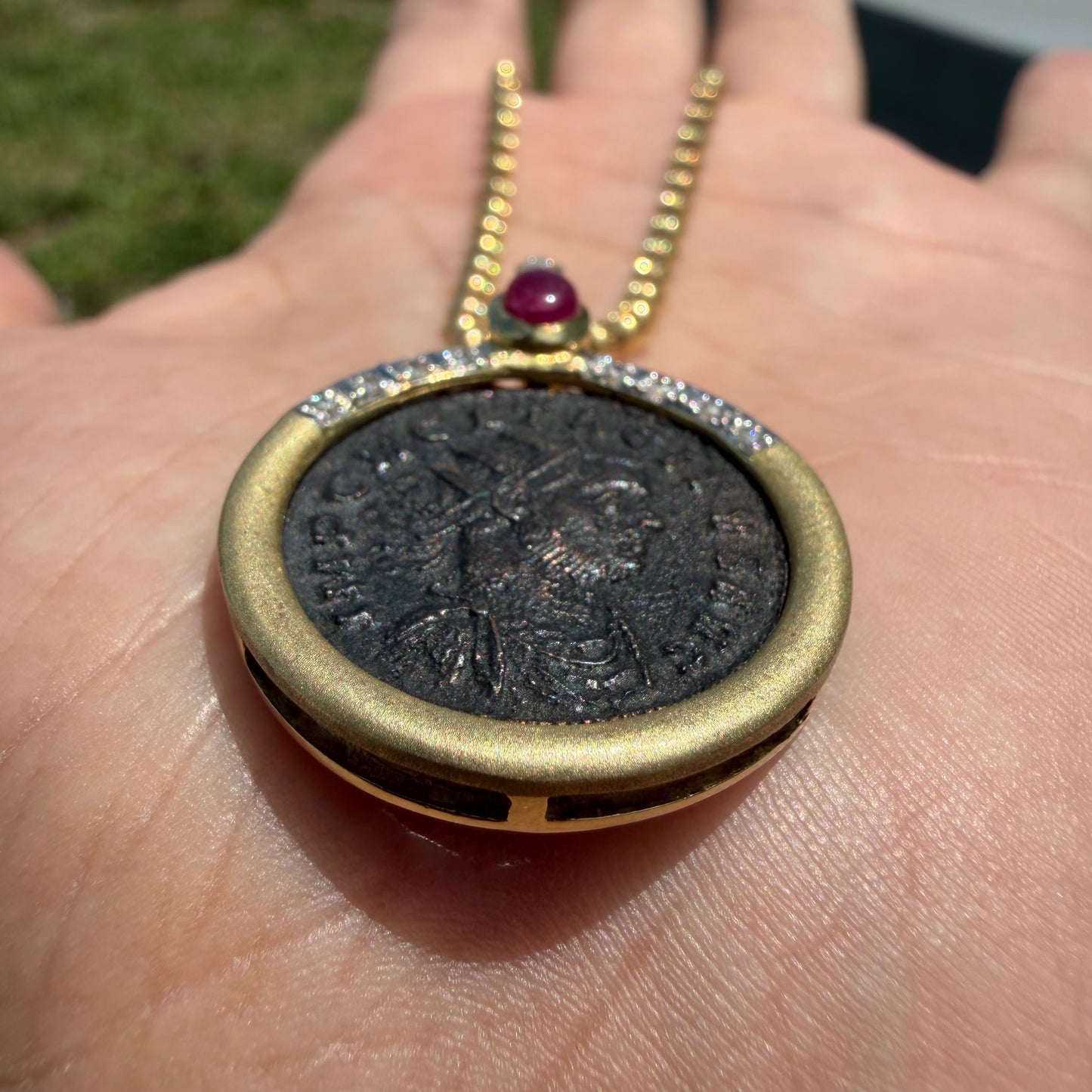 Vintage 14k Yellow Gold Natural Diamond and Ruby Ancient 275-276A.D Tacitus Roman Coin Pendant