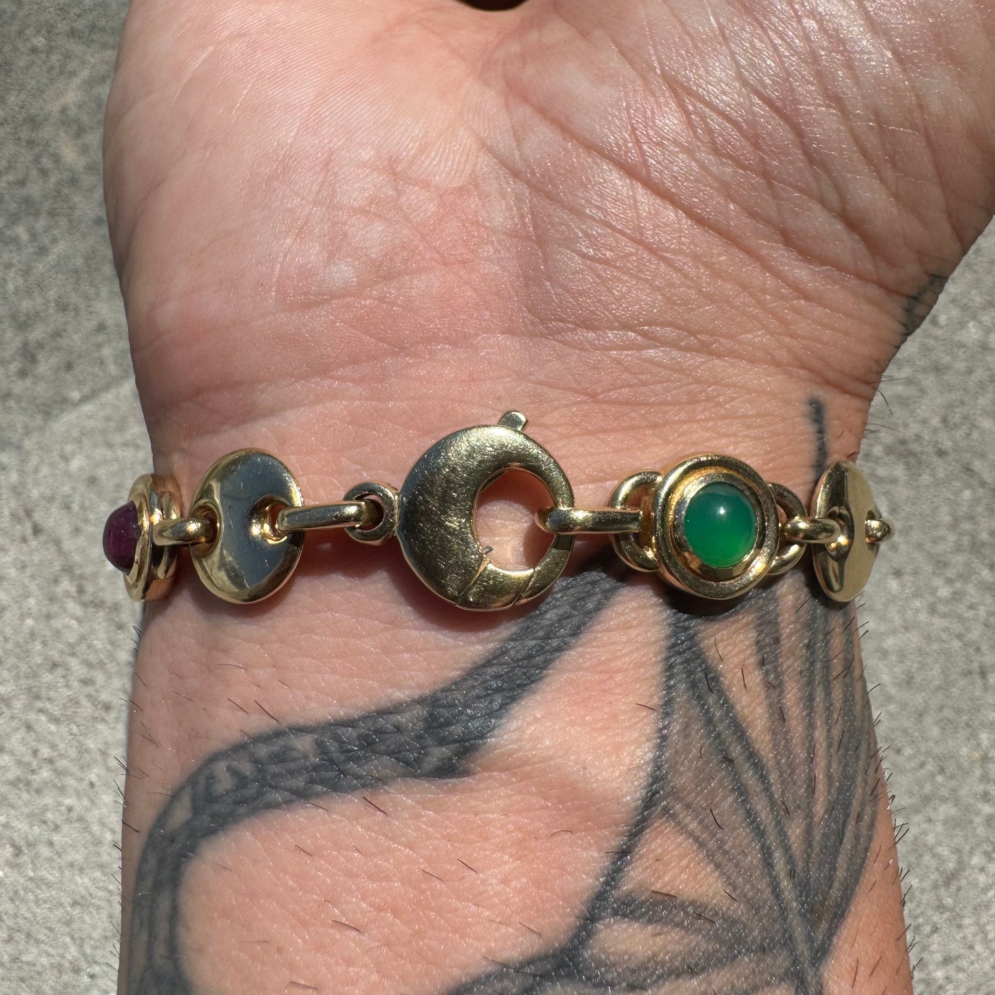Vintage Solid 14k Italian Yellow Gold Bezel Set Multi Stone Heavyweight Puffed Gucci Bracelet (7.5”)