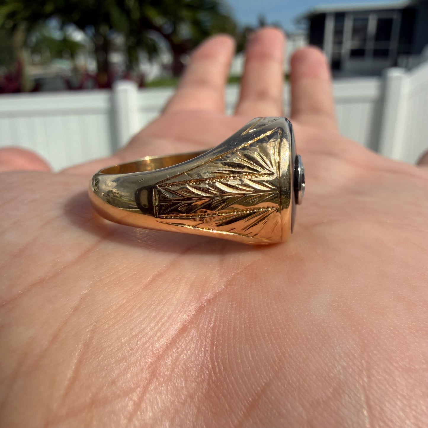 Art Deco Handcrafted Solid 18k Yellow Gold .56ct Natural Old Euro Cut Diamond Black Onyx Signet Ring (9)