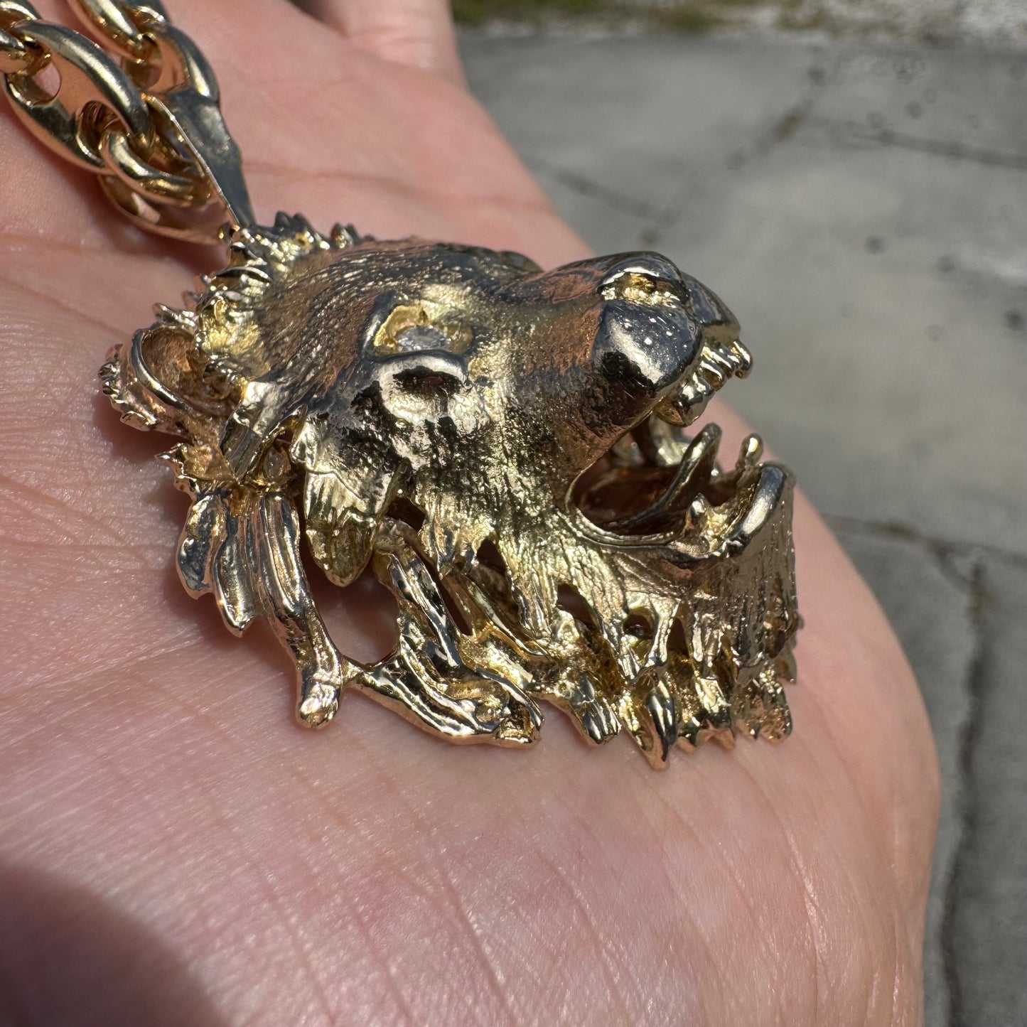 Vintage Solid 14k Yellow Gold Natural Diamond Large Heavyweight Lion Pendant
