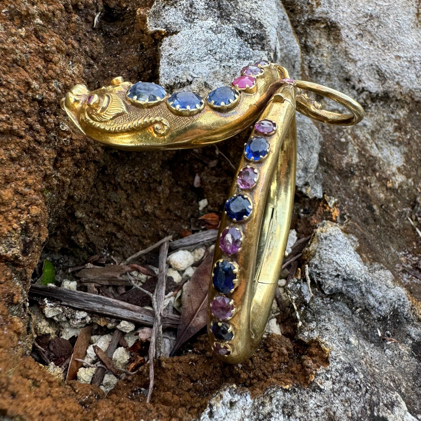 Mid 1800’s 15k Yellow Gold Blue And Pink Sapphire Encrusted Snake Bracelet (6”-7”)