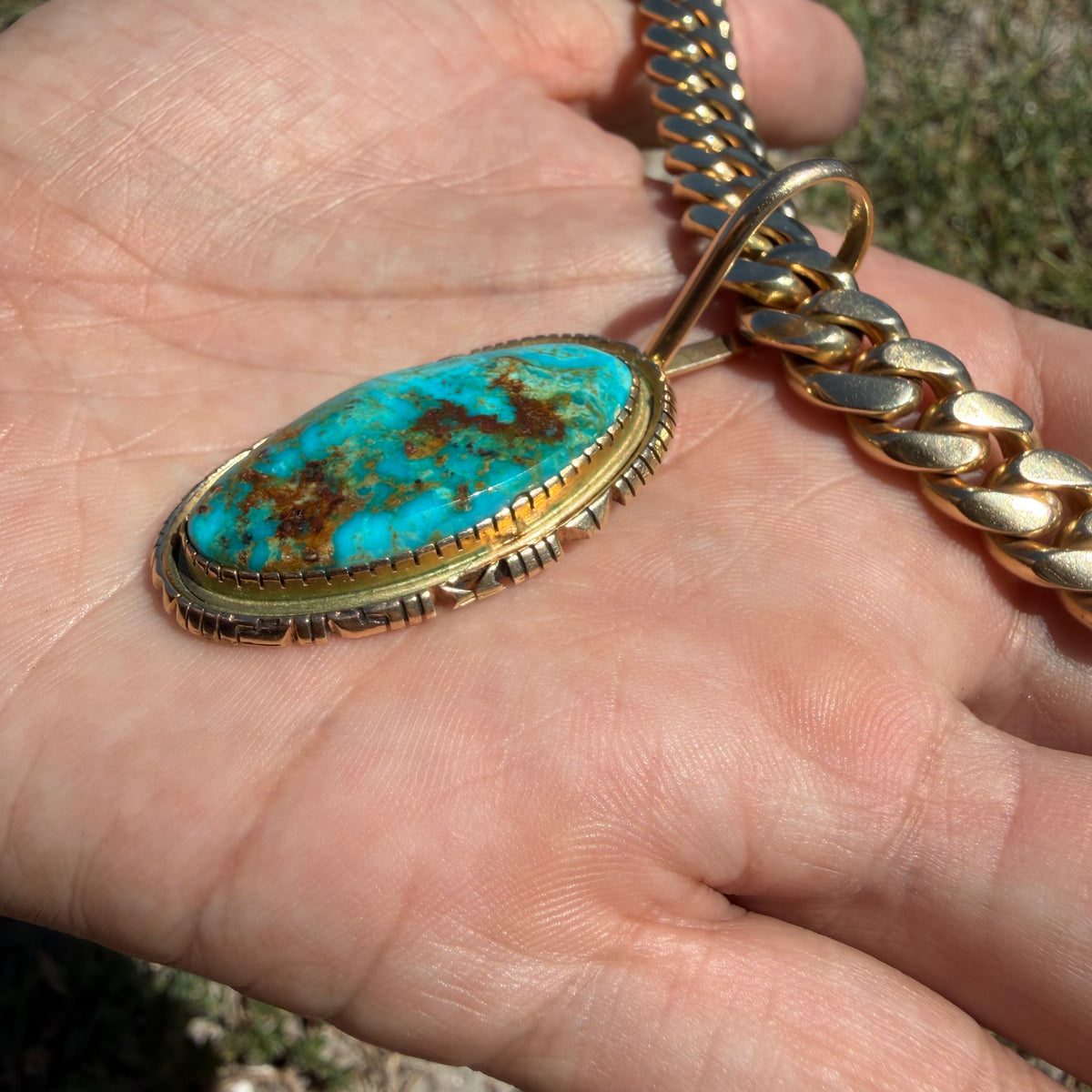 Vintage Solid 14k Yellow Gold Large “Pilot Mountain” Turquoise Pendant Navajo Artist Signed Leonard Nez