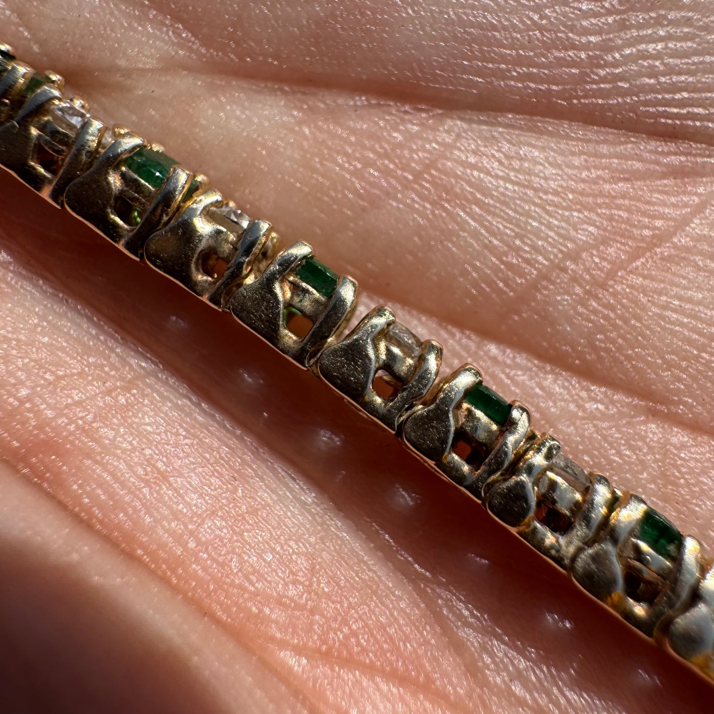 Vintage 14k Yellow Gold 3.5ctw Natural Diamond And Emerald Classic Tennis Bracelet (7.25”)