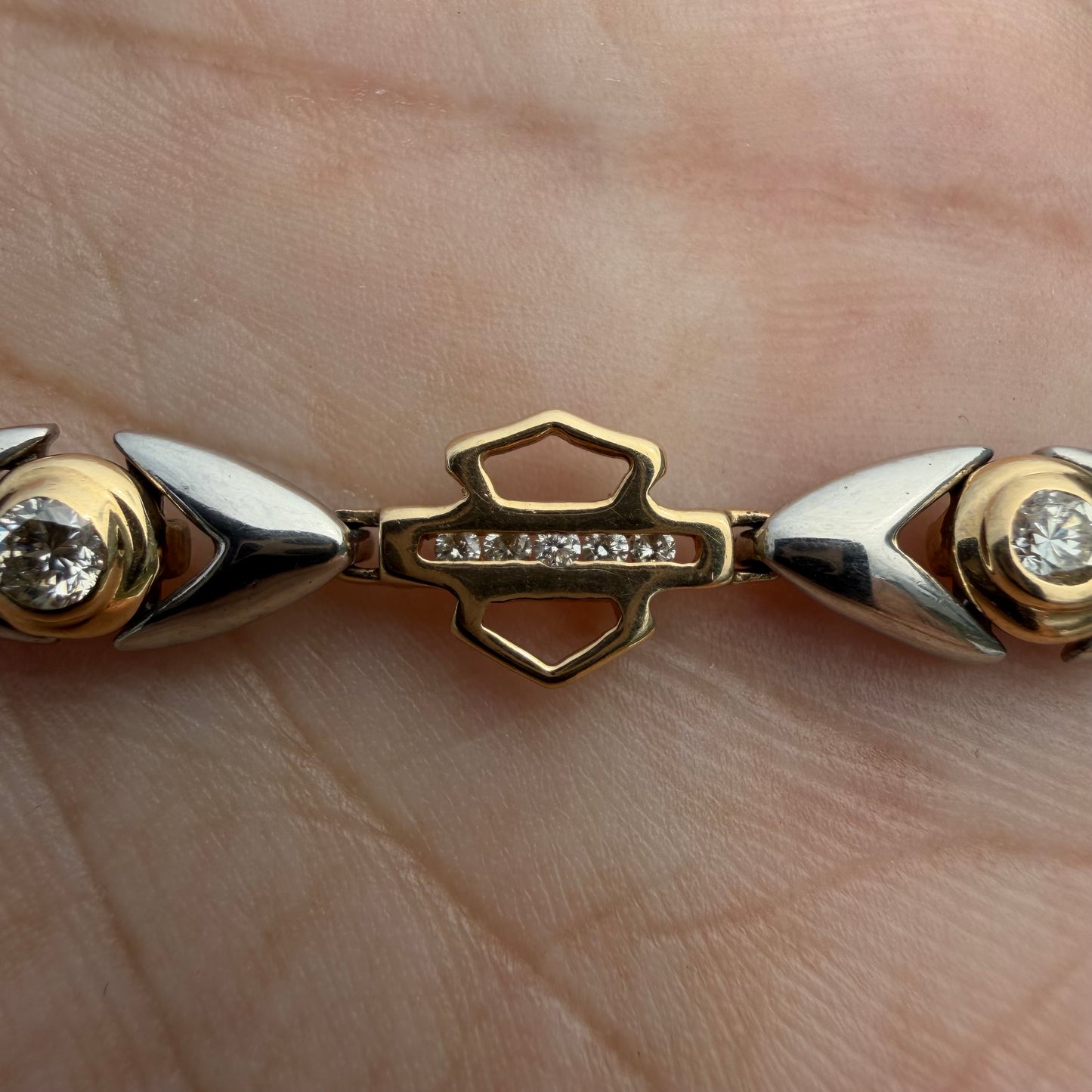 Vintage Solid 14k Yellow Gold .950 Platinum 1.25ctw Natural Diamond Harley-Davidson Bracelet (7”)