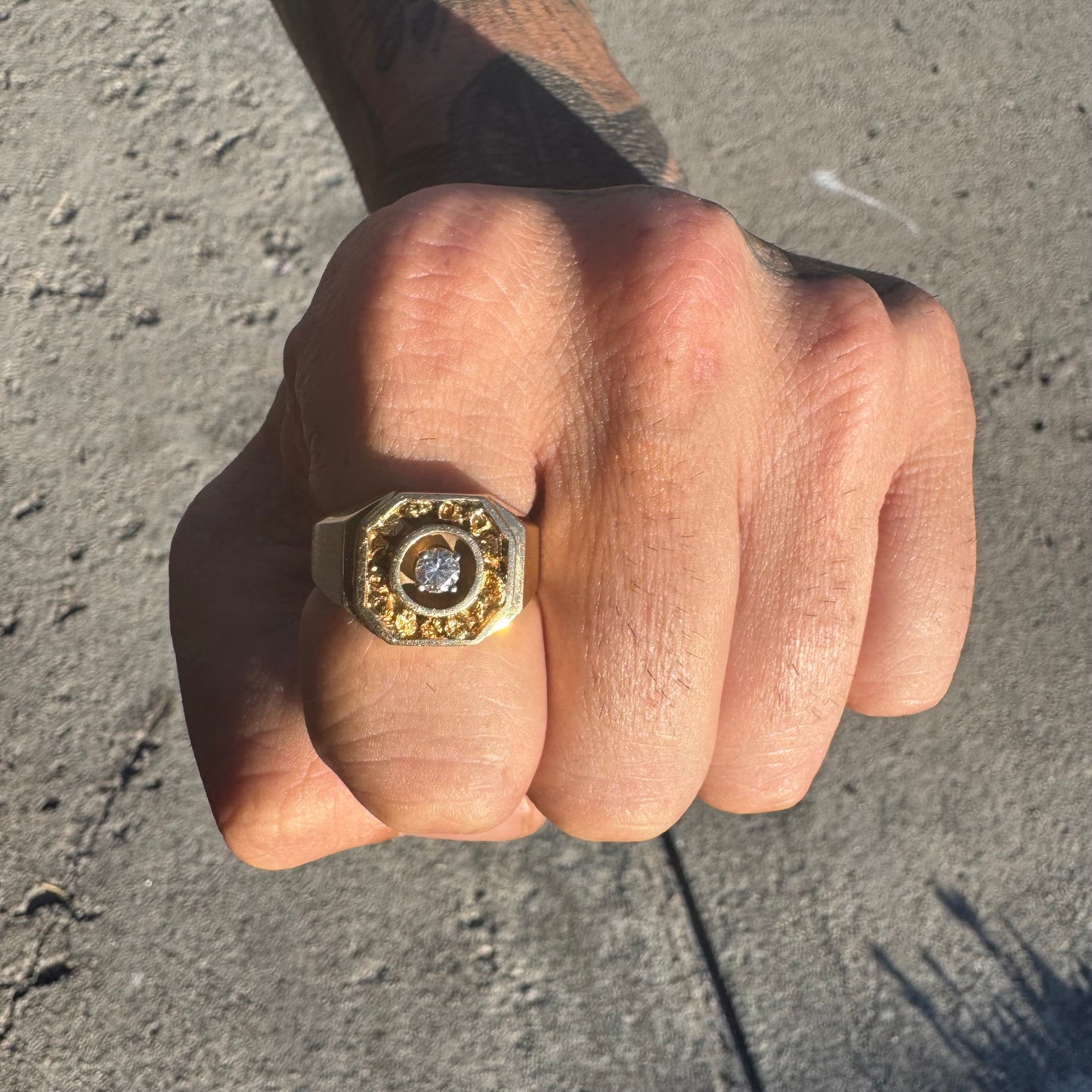 Vintage 14k Yellow Gold .35ct Natural Diamond 22k Raw Gold Nugget Inlaid Signet Ring (8.5)