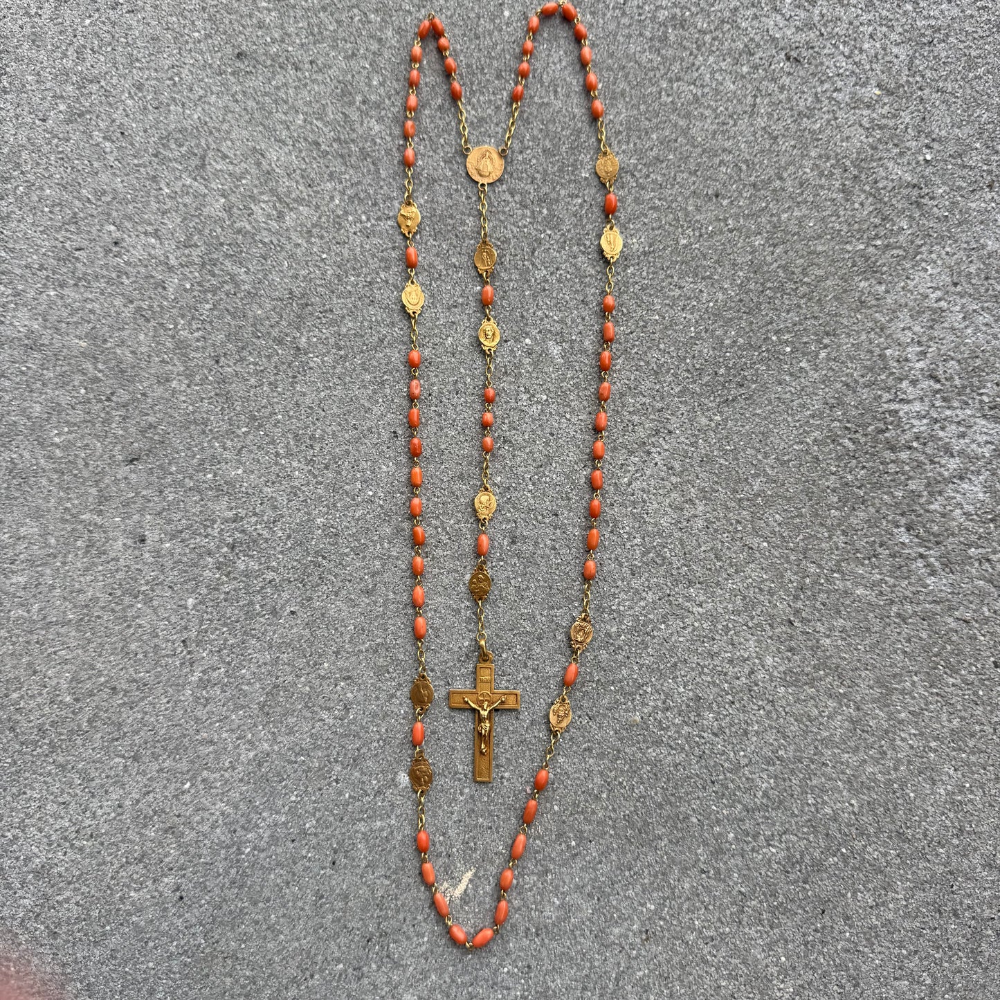 Antique French Hallmarked 18k Yellow Gold Angel Skin Coral Rosary Necklace (23”)