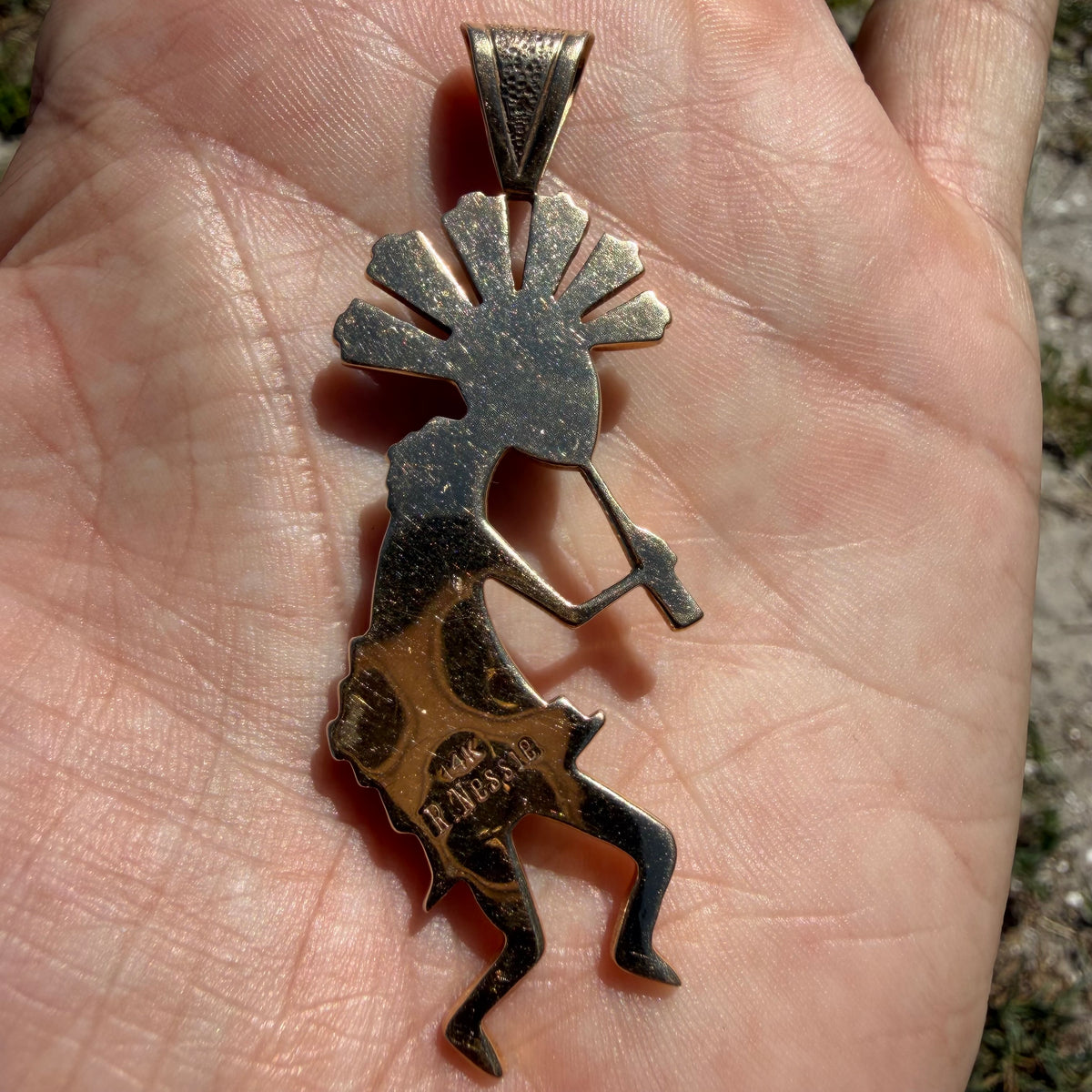 Vintage Native Southwestern Solid 14k Yellow Gold Multi-Stone Inlaid Kokopelli Pendant Signed “R. Nessie”