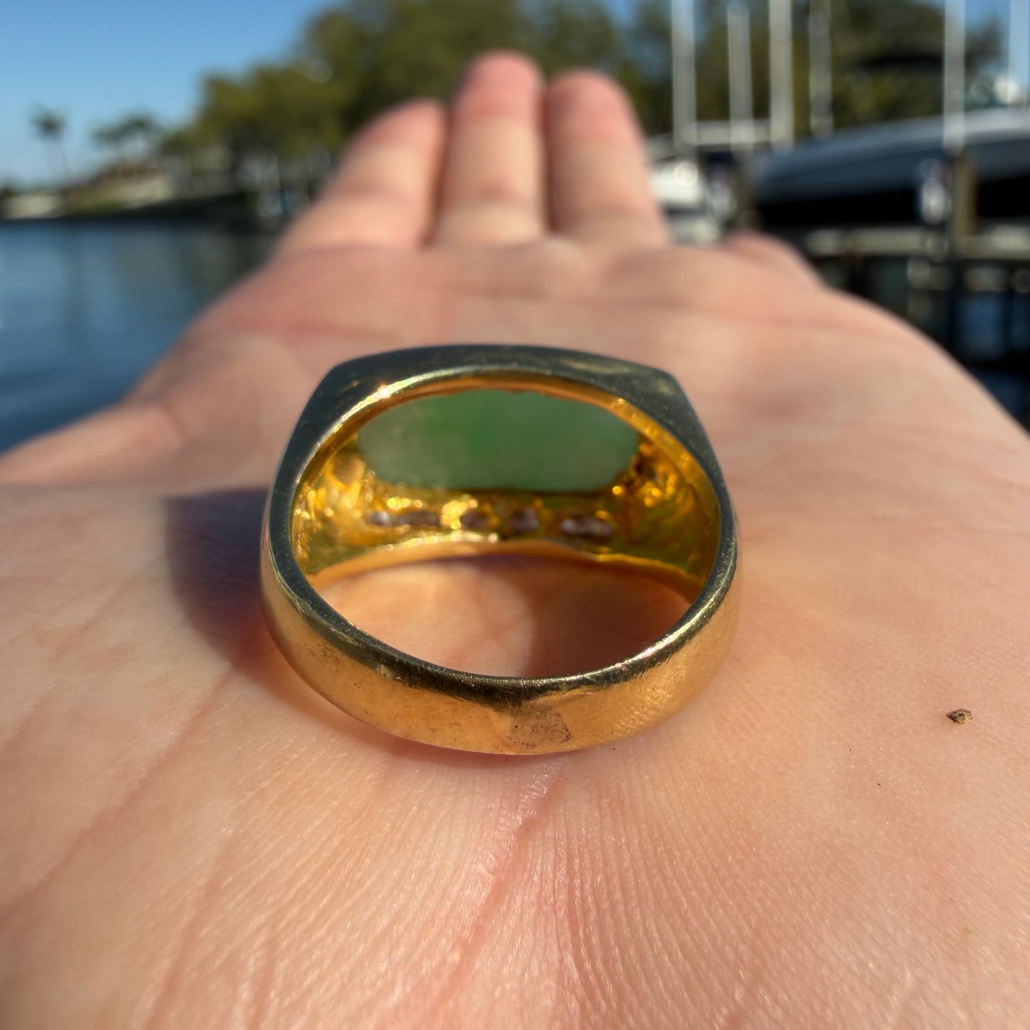 Vintage Solid 18k Yellow Gold Jade And Diamond Ring (7)