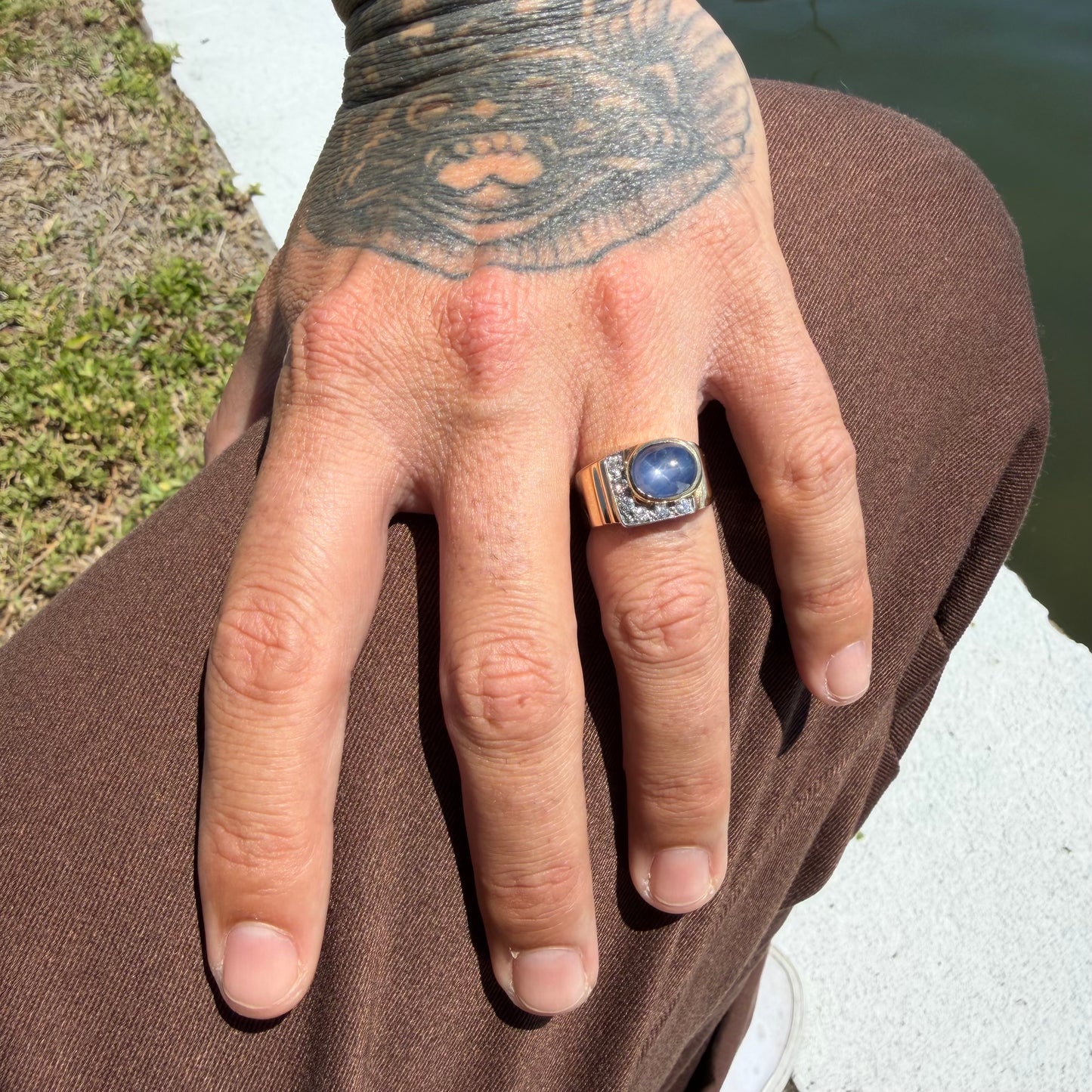 Art Deco Solid 14k Yellow Gold Natural Blue Star Sapphire Old Euro Cut Diamond Ring (8)