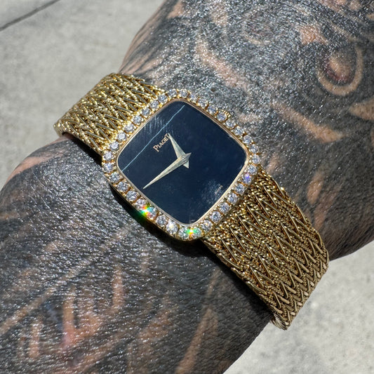Late 1970’s/Early 1980’s Piaget Solid 18k Yellow Gold Factory Diamond Bezel Falcons Eye Stone Dial 9908 D11 Watch (7.5”)