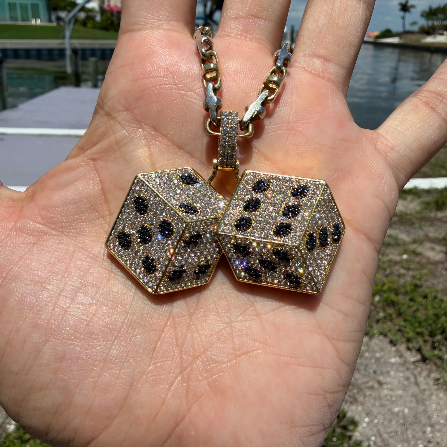 Custom Made Solid 18k Yellow Gold 5.15CTW Natural VS Diamond Encrusted Dice Pendant