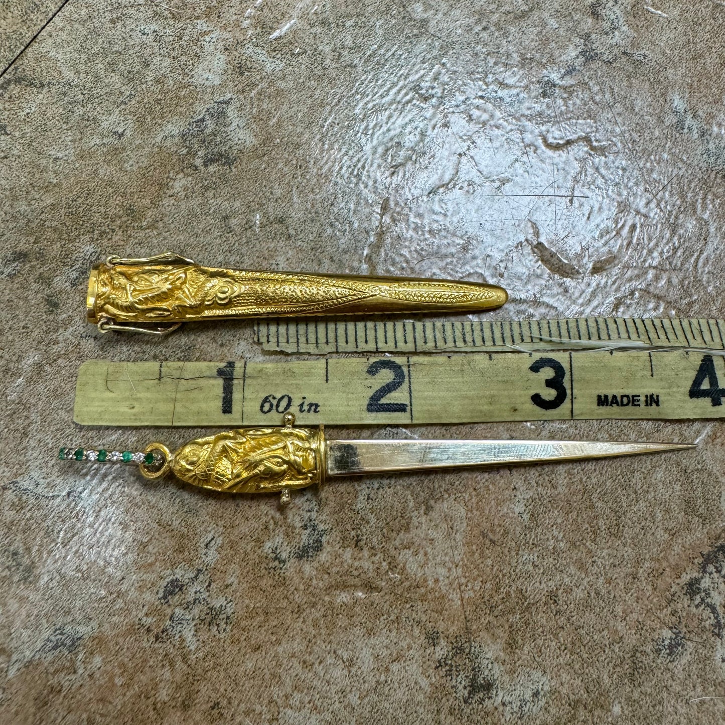 Vintage Pure 24k Solid Gold Asiatic Dragon Knife And Sheath Pendant