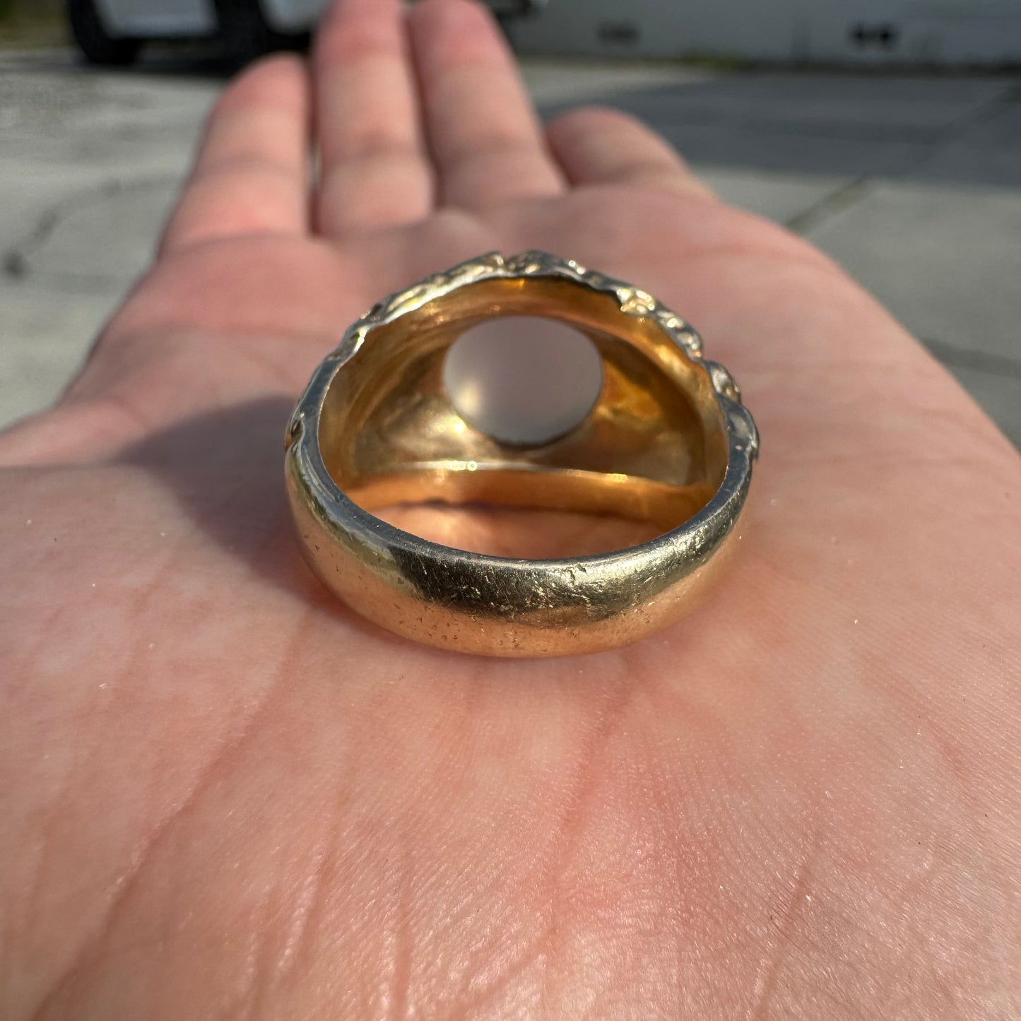 1970’s Solid 14k Yellow Gold Heavyweight Brutalist Moonstone Ring (9)
