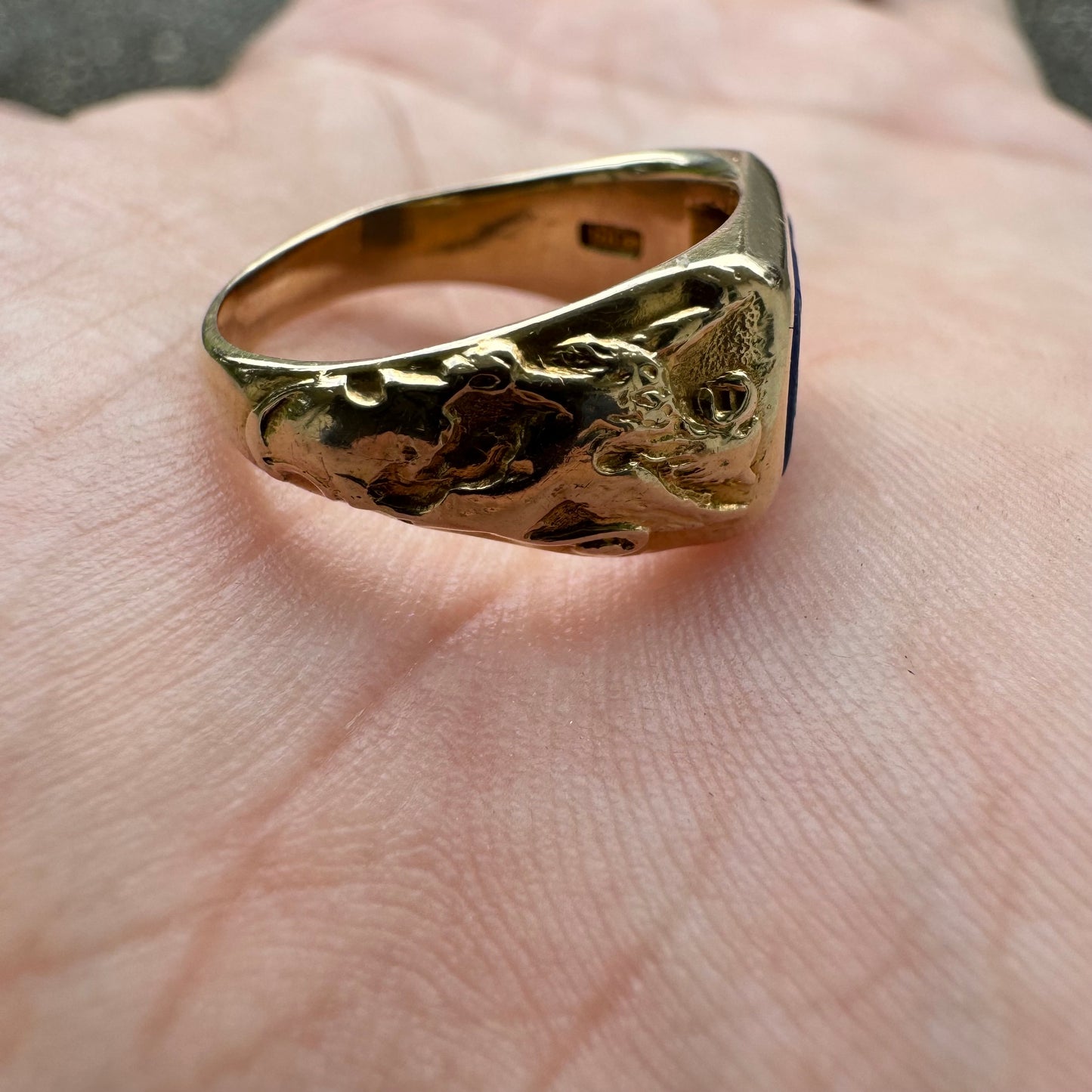 Art Nouveau 14k Yellow Gold Raw Lapis Griffin Signet Ring By Larter And Sons (6)