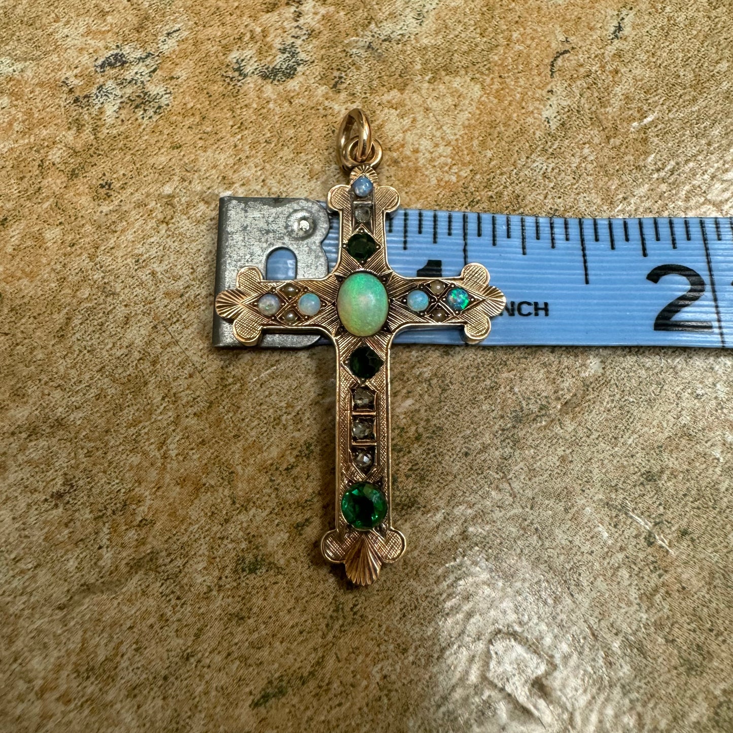 Victorian Solid 14k Gold Rose Cut Diamond, Emerald, Opal Byzantine Cross Pendant