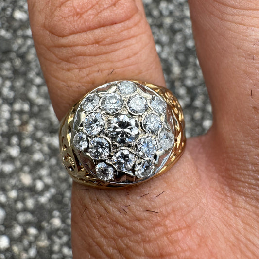 Vintage 14k Yellow Gold 1.5CTW VVS/VS Quality Mosaic Starburst Set Cluster Scroll Ring (9)