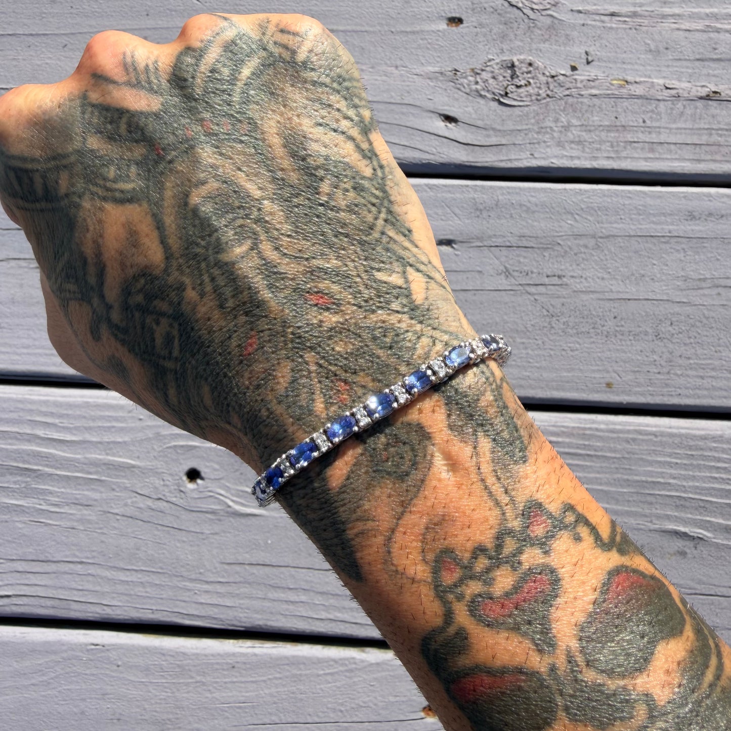 Vintage Solid 14k White Gold 11.0ctw Natural Tanzanite And Diamond Tennis Bracelet (7.15”)