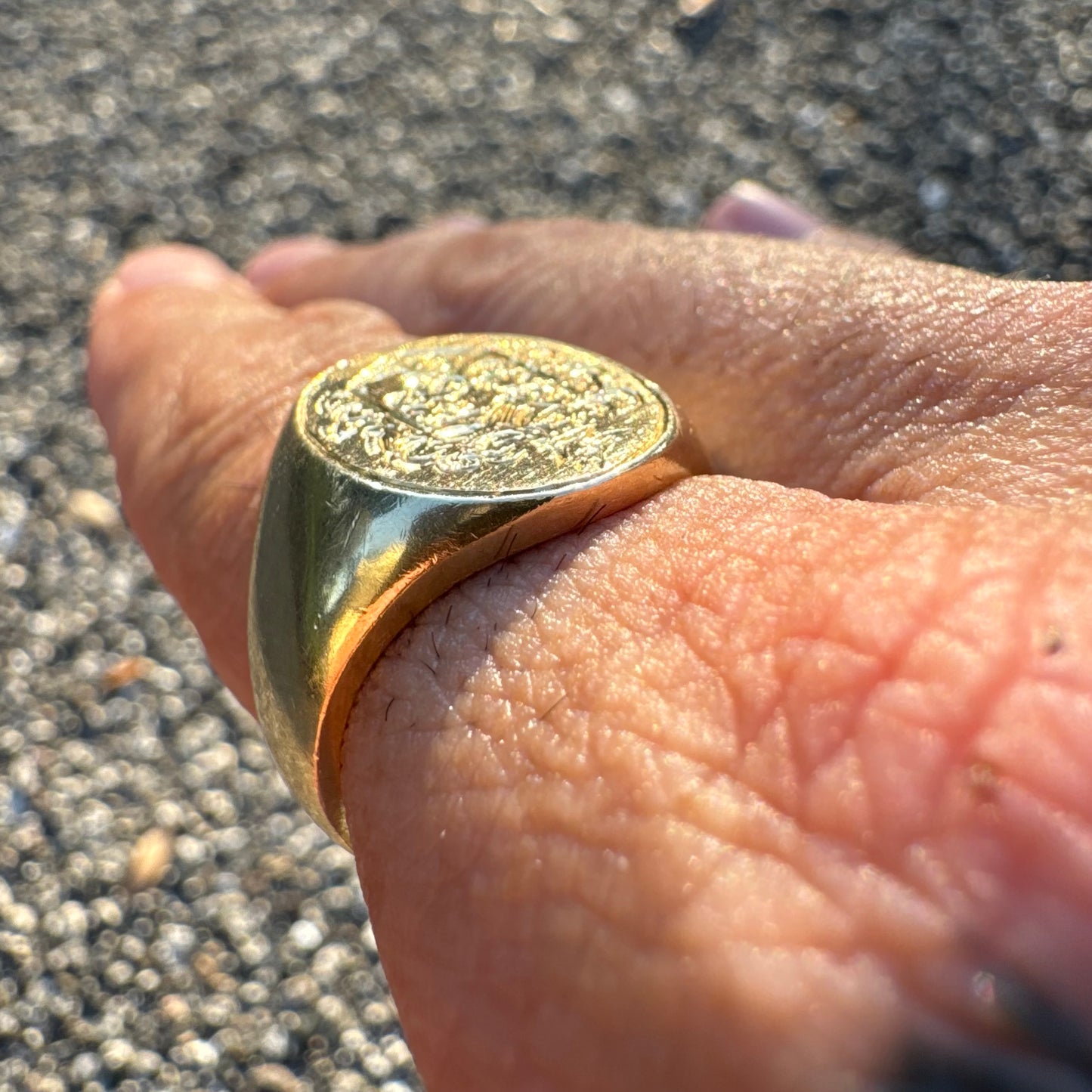 Old Solid 14k Yellow Gold Hand Chased Engraved Crest Signet Ring (10)