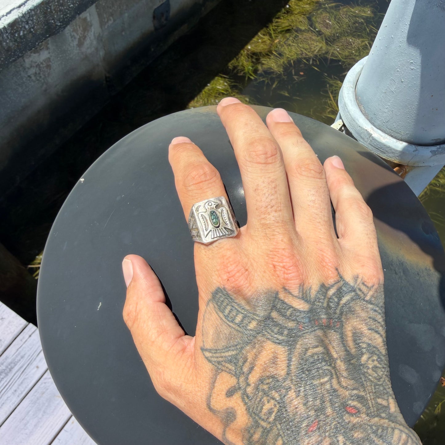 1930’s/40’s Sterling Silver Turquoise Thunderbird Signet Ring (8.75)