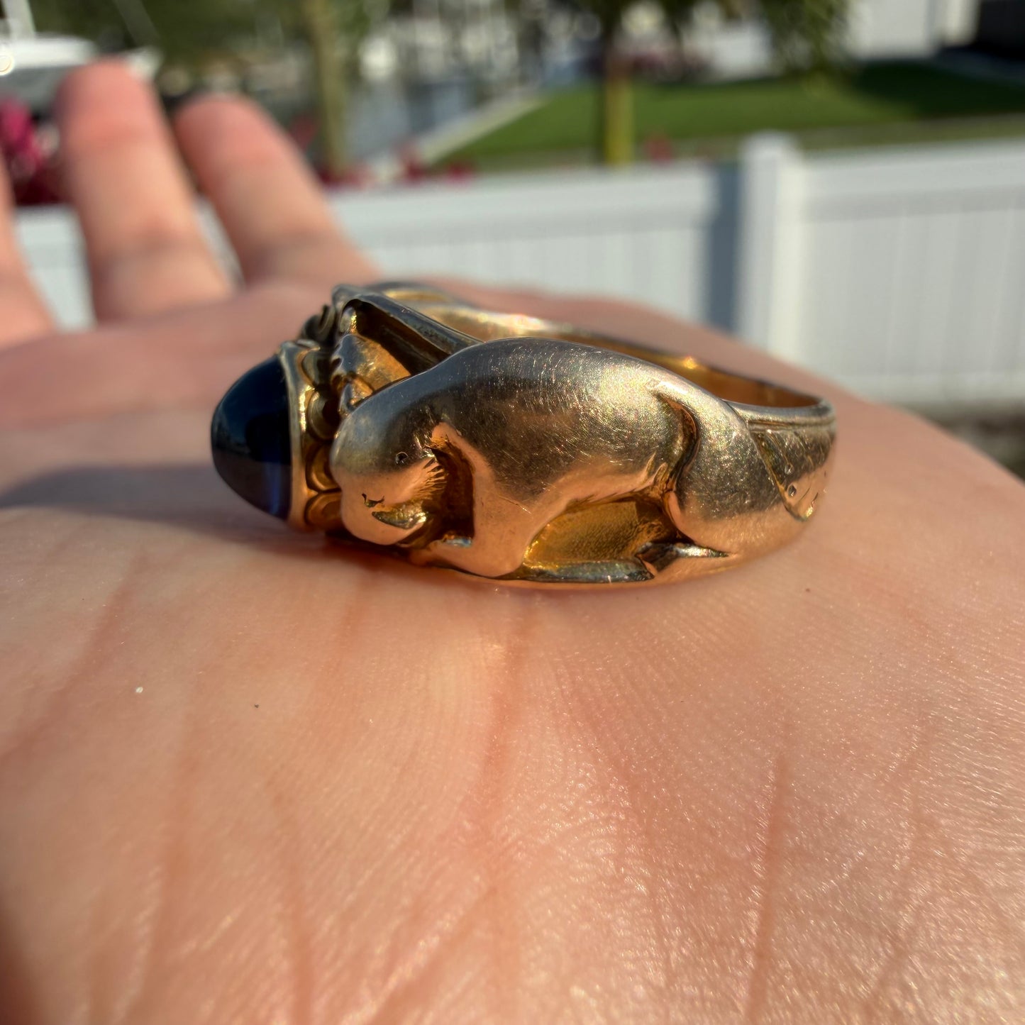 Art Nouveau Solid 14k Yellow Gold Sugar Loaf Sapphire Double Lion Ring (8.5)