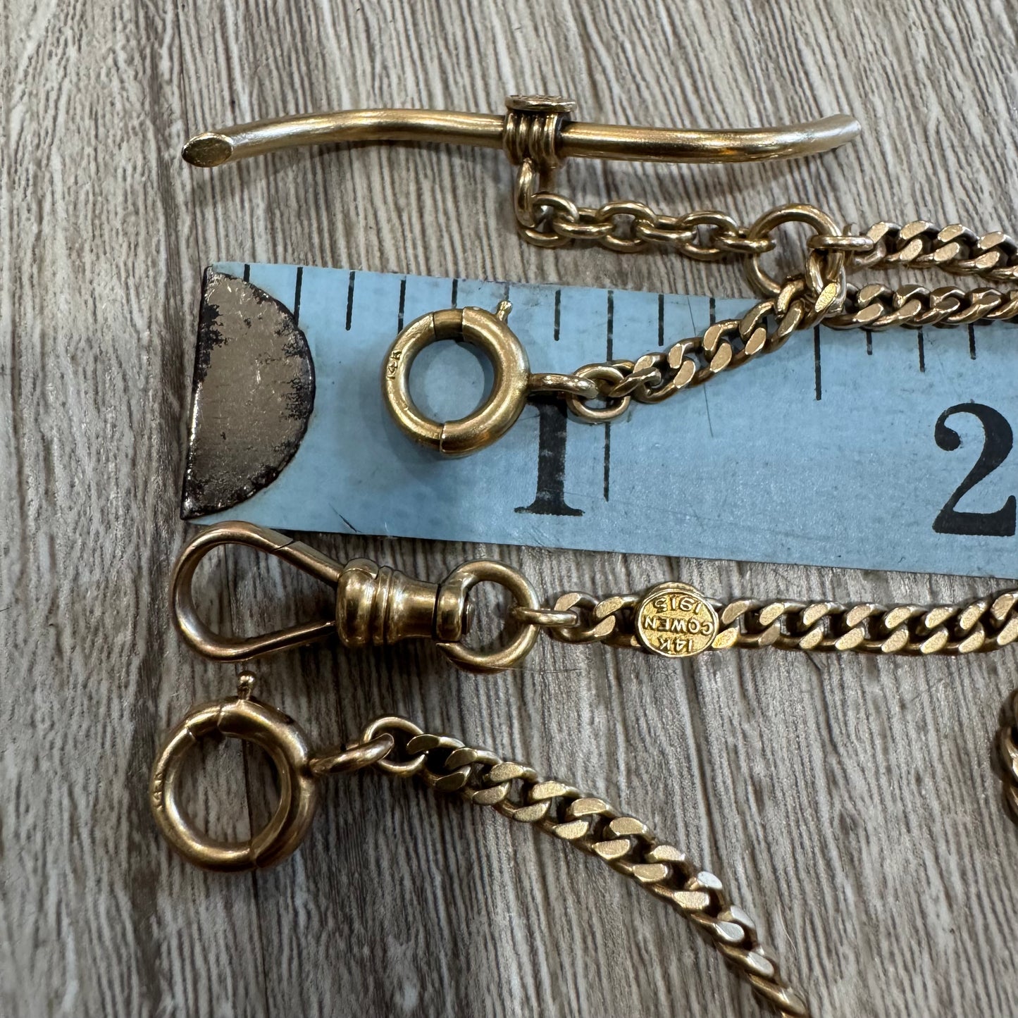 1915 Solid 14k Yellow Gold Double Albert Curb Link Watch Chain Necklace (18.5”)