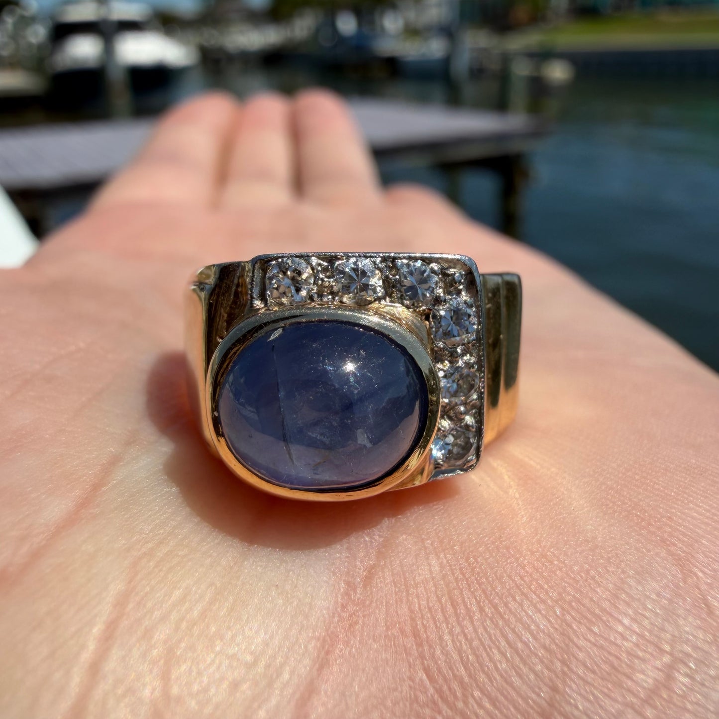 Art Deco Solid 14k Yellow Gold Natural Blue Star Sapphire Old Euro Cut Diamond Ring (8)