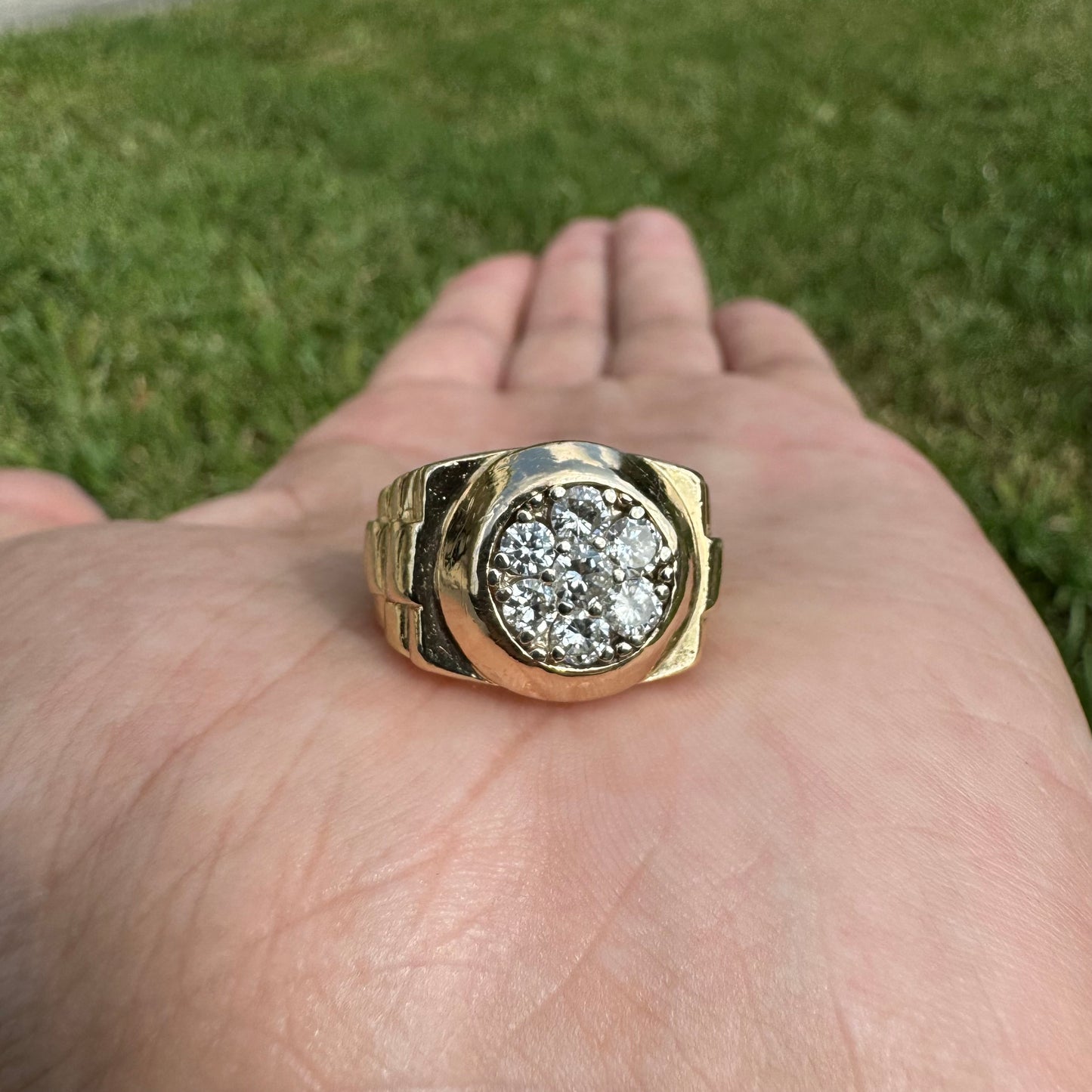 1970’s/80’s 14k Yellow Gold Rolex Style .75CTW Natural Diamond Kentucky Cluster Ring (6.5)