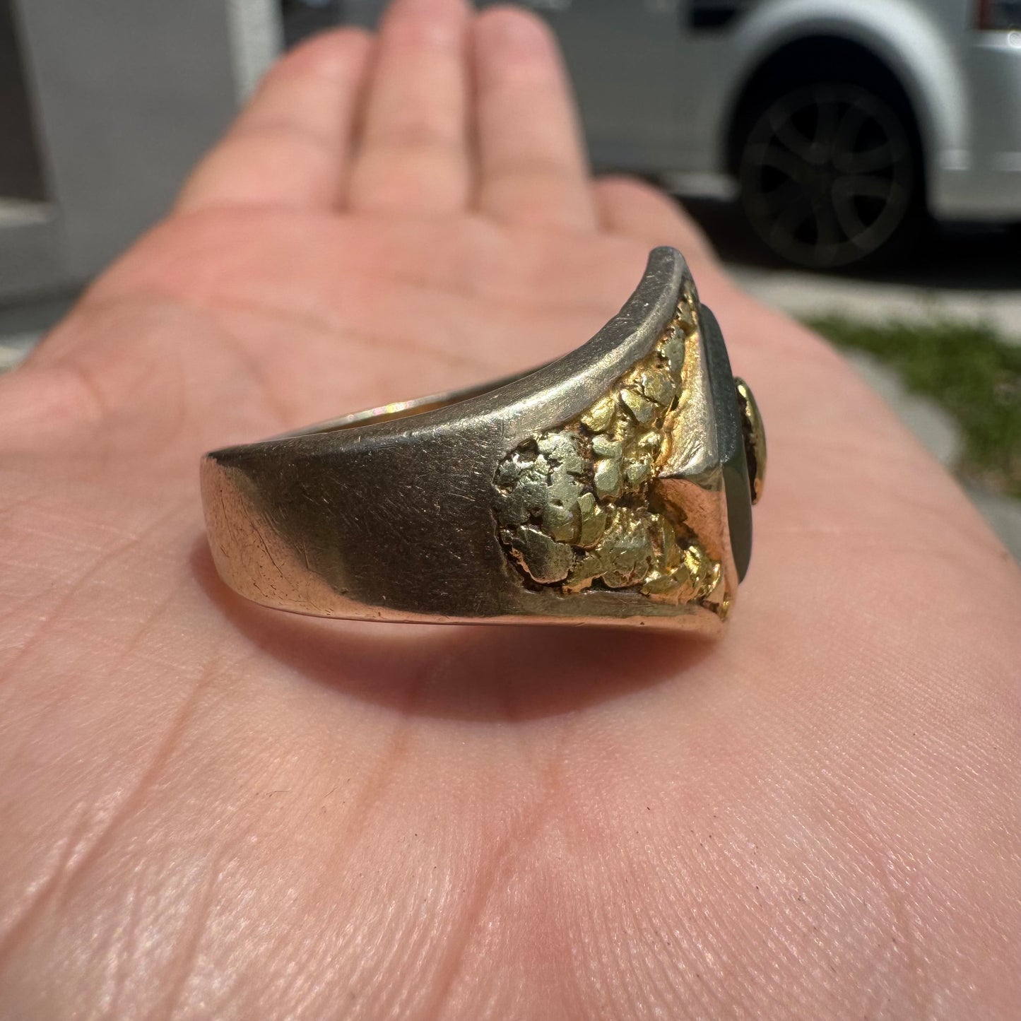 1930’s Art Deco Solid 10k Yellow Gold Nephrite Jade Natural Raw Gold Nugget Inlaid Signet Ring (11)