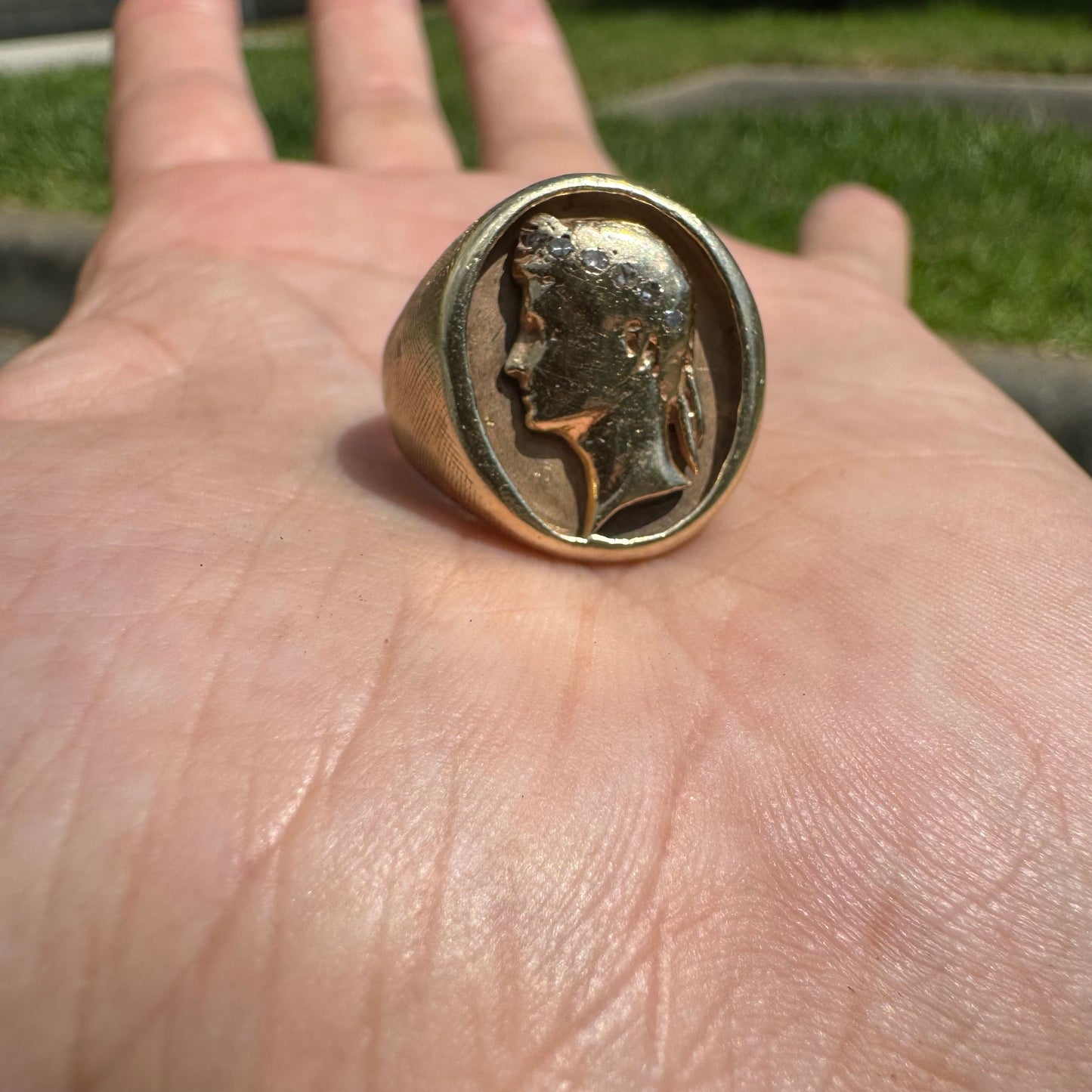 Mid-Century 14k Yellow Gold Natural Diamond Julius Caesar Mafioso Style Signet Ring (8.5)