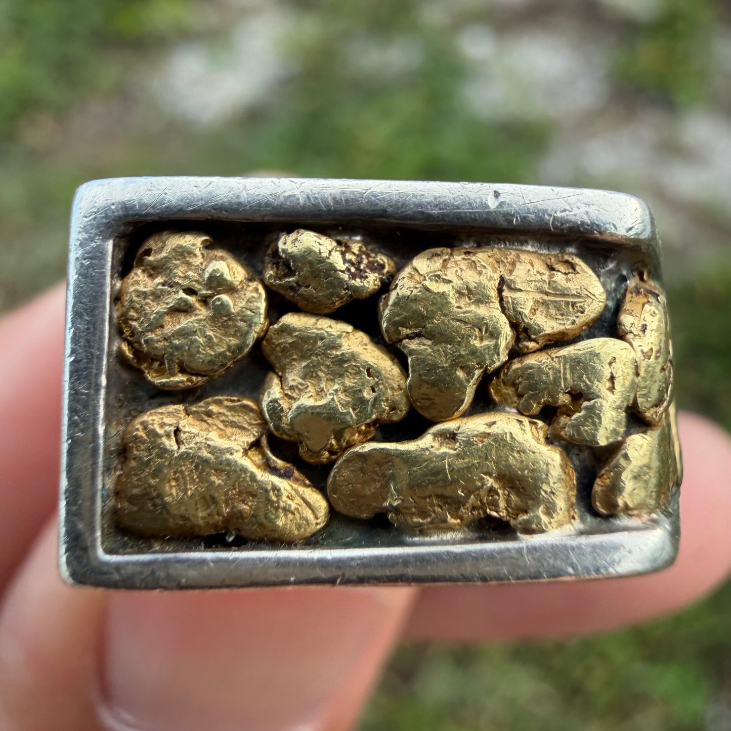 Vintage Solid Sterling Silver 23k Raw Natural Gold Placer Nugget Signet Ring (11)