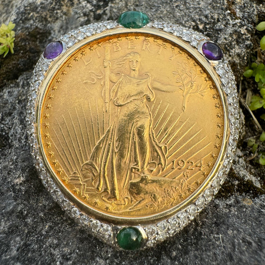 1924 St. Gaudens $20 Double Eagle 1oz Gold Coin Natural Diamond, Emerald, And Amethyst Encrusted Pendant