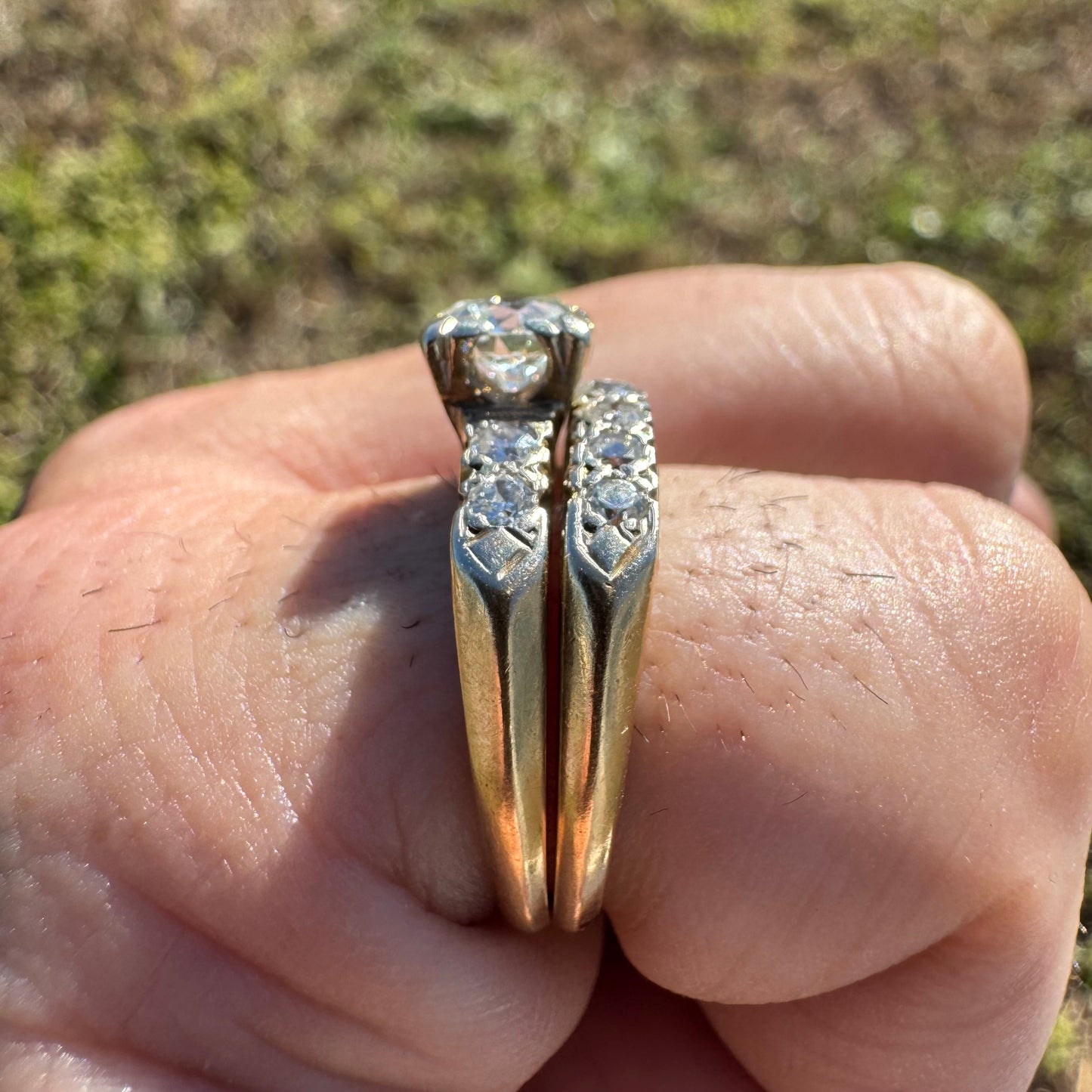 Circa 1930’s Solid 14k Gold 1.50ctw Natural Old Euro Cut Diamond Engagement & Wedding Ring Set (6.5)