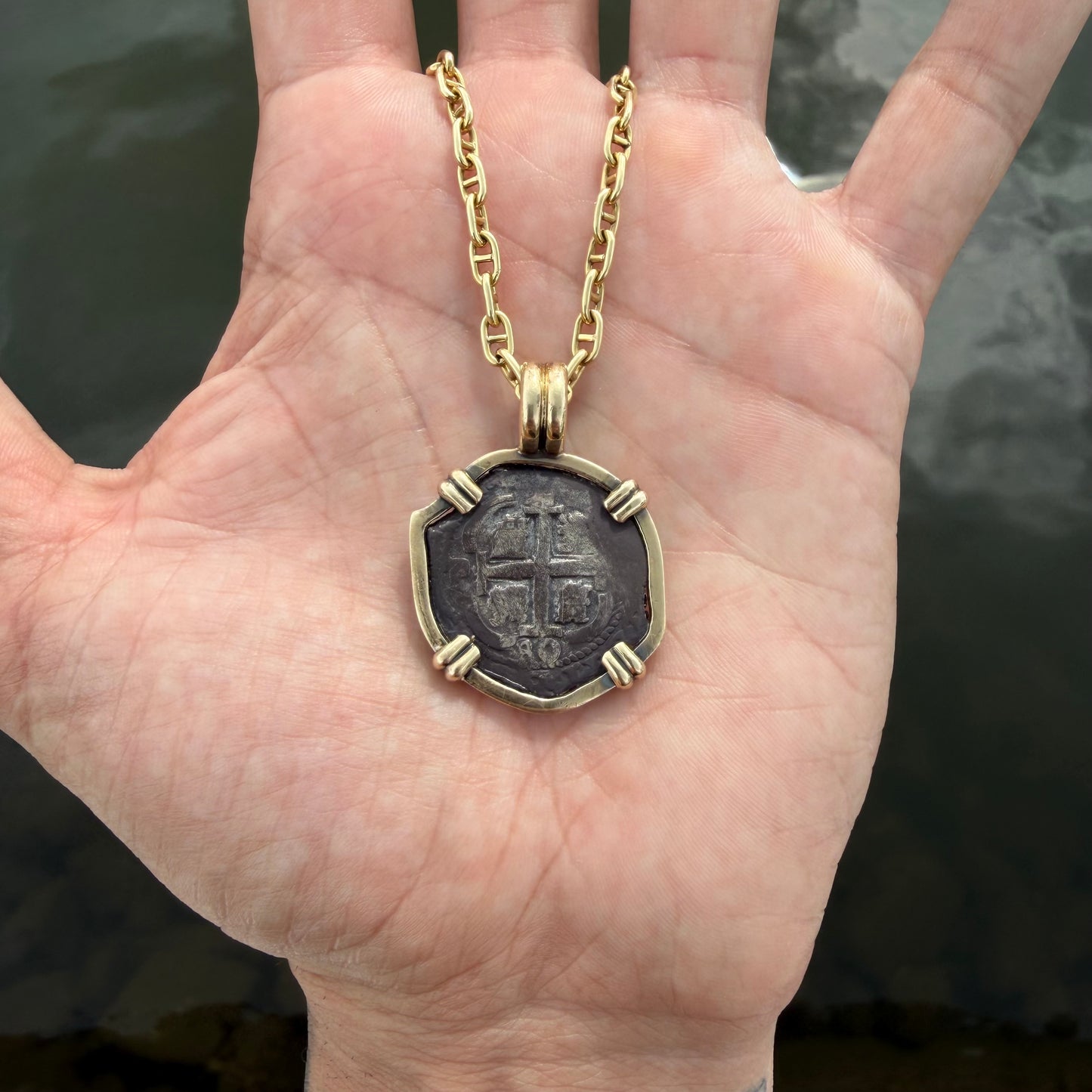 1680 Potosi V Bolivia Silver 2 Reale Coin Vintage Custom 14k Yellow Gold Pendant