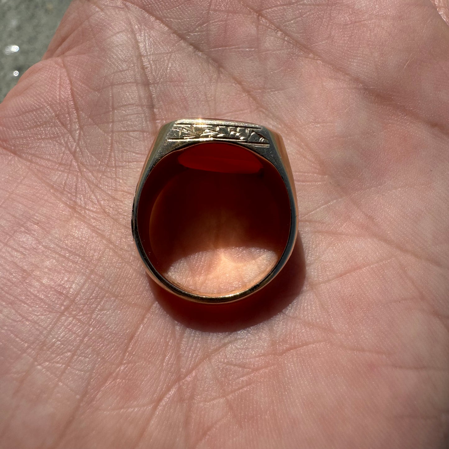 1800’s Victorian 14k Yellow Gold Carnelian Intaglio “Dispatch” Pigeon Post Signet Ring (7-7.5)