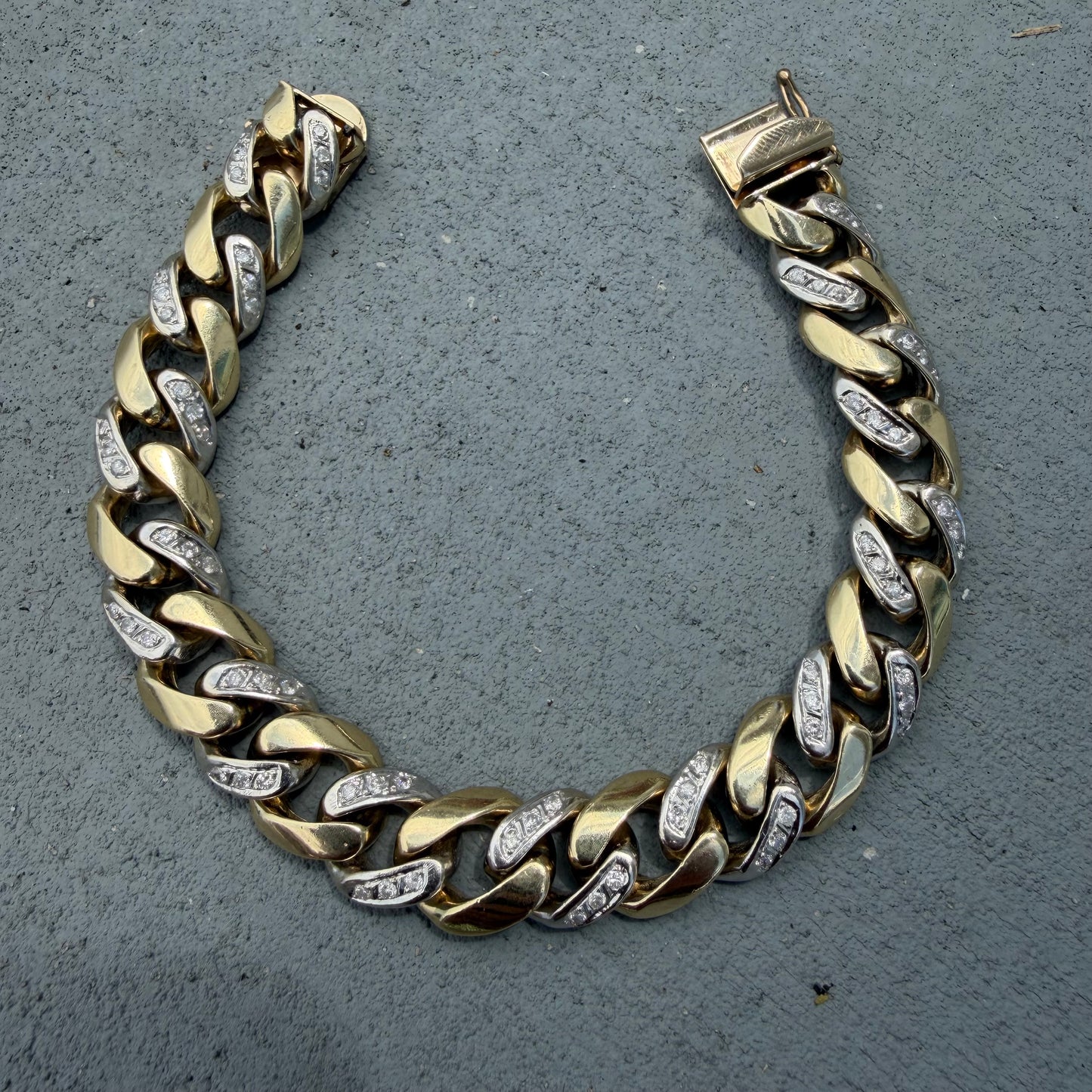 Vintage Solid 14k Two-Tone Yellow & White Gold Super Heavyweight 2.0ctw Natural Diamond Encrusted Cuban Link Bracelet (8”)