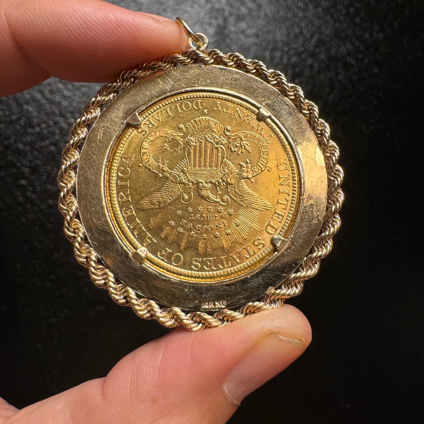 1889 $20 Liberty Head Double Eagle Gold Coin Large 14k Pendant