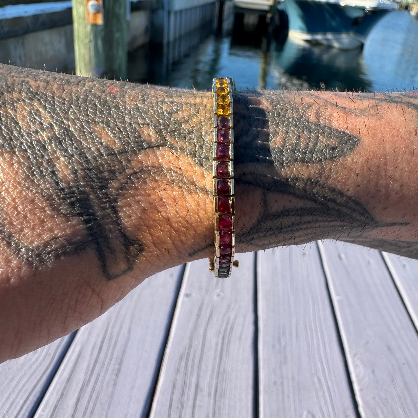Vintage Solid 14k Yellow Gold 6.0ctw Natural Sapphire Rainbow Tennis Bracelet (7”)