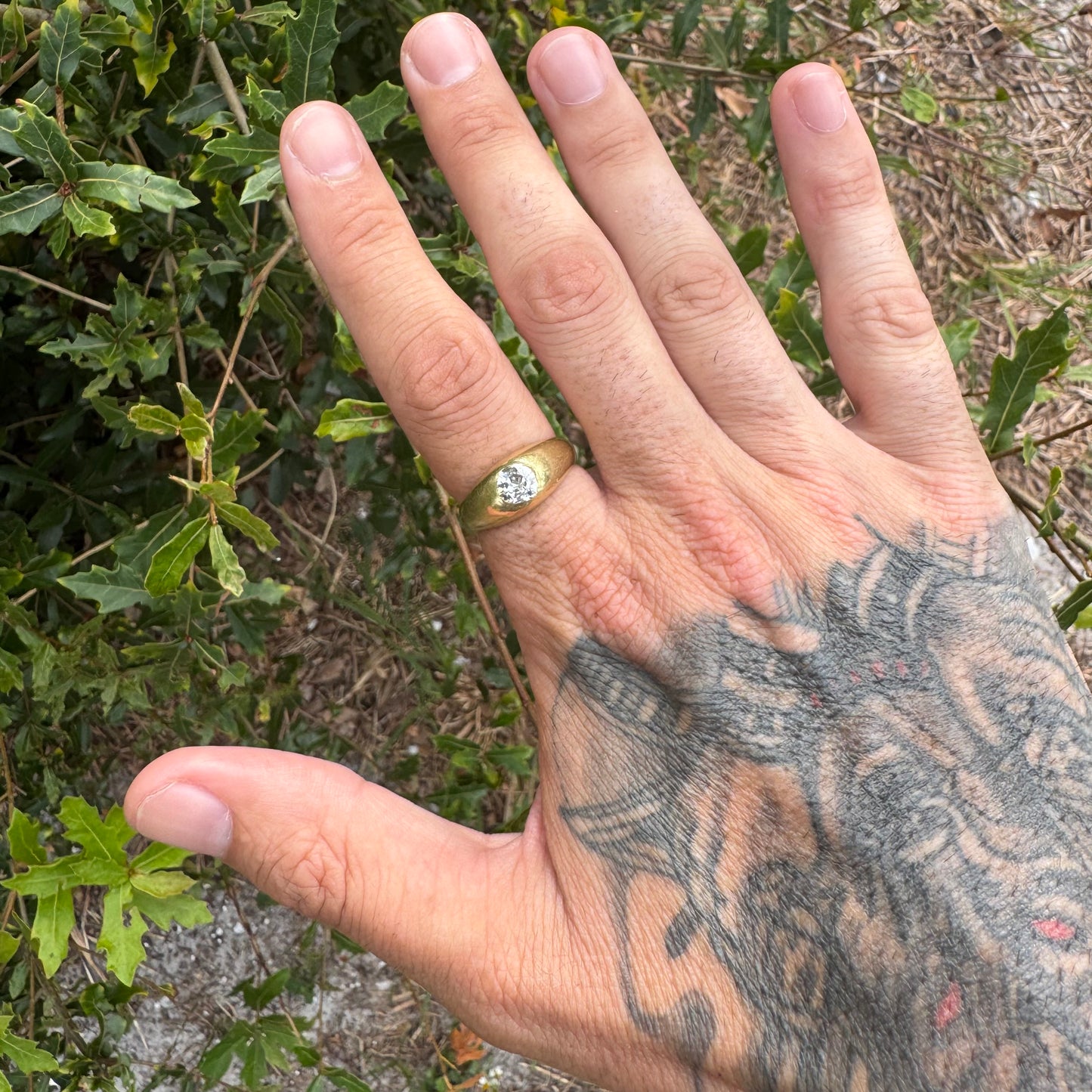 Antique Solid 18k Yellow Gold .91ct Old Euro Cut Diamond “Rub Over” Gypsy Ring (9.5)