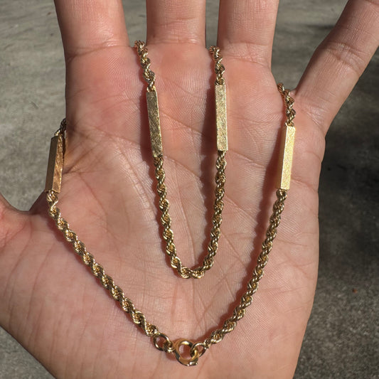 Mid-Century Solid 14k Yellow Gold Classic Braided Rope Bar Link Necklace (16.25”)