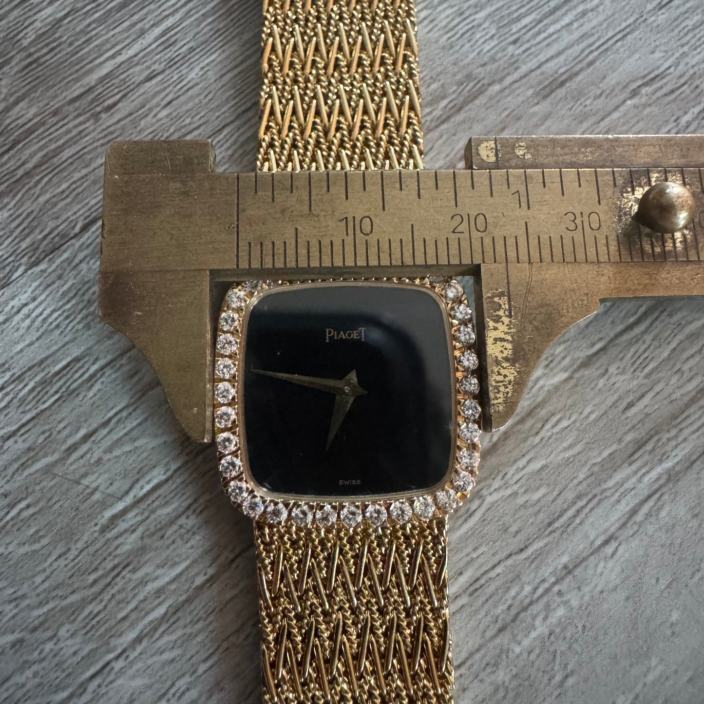 Late 1970’s/Early 1980’s Piaget Solid 18k Yellow Gold Factory Diamond Bezel Falcons Eye Stone Dial 9908 D11 Watch (7.5”)