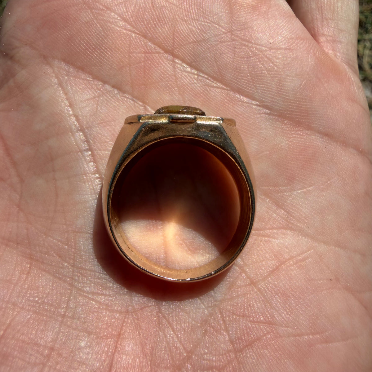 Mid-Century Solid 14k Yellow Gold Heavyweight Turquoise Thunderbird Signet Ring (11.5)