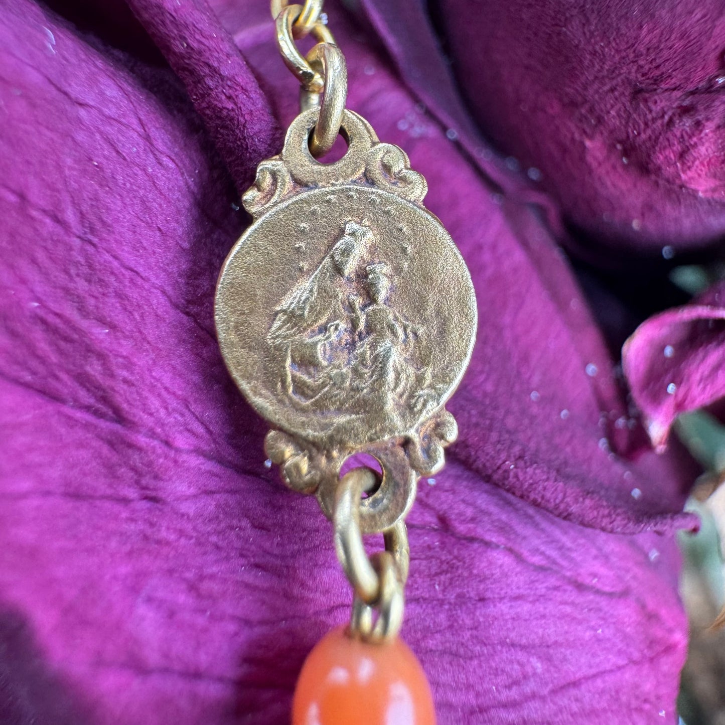 Antique French Hallmarked 18k Yellow Gold Angel Skin Coral Rosary Necklace (23”)