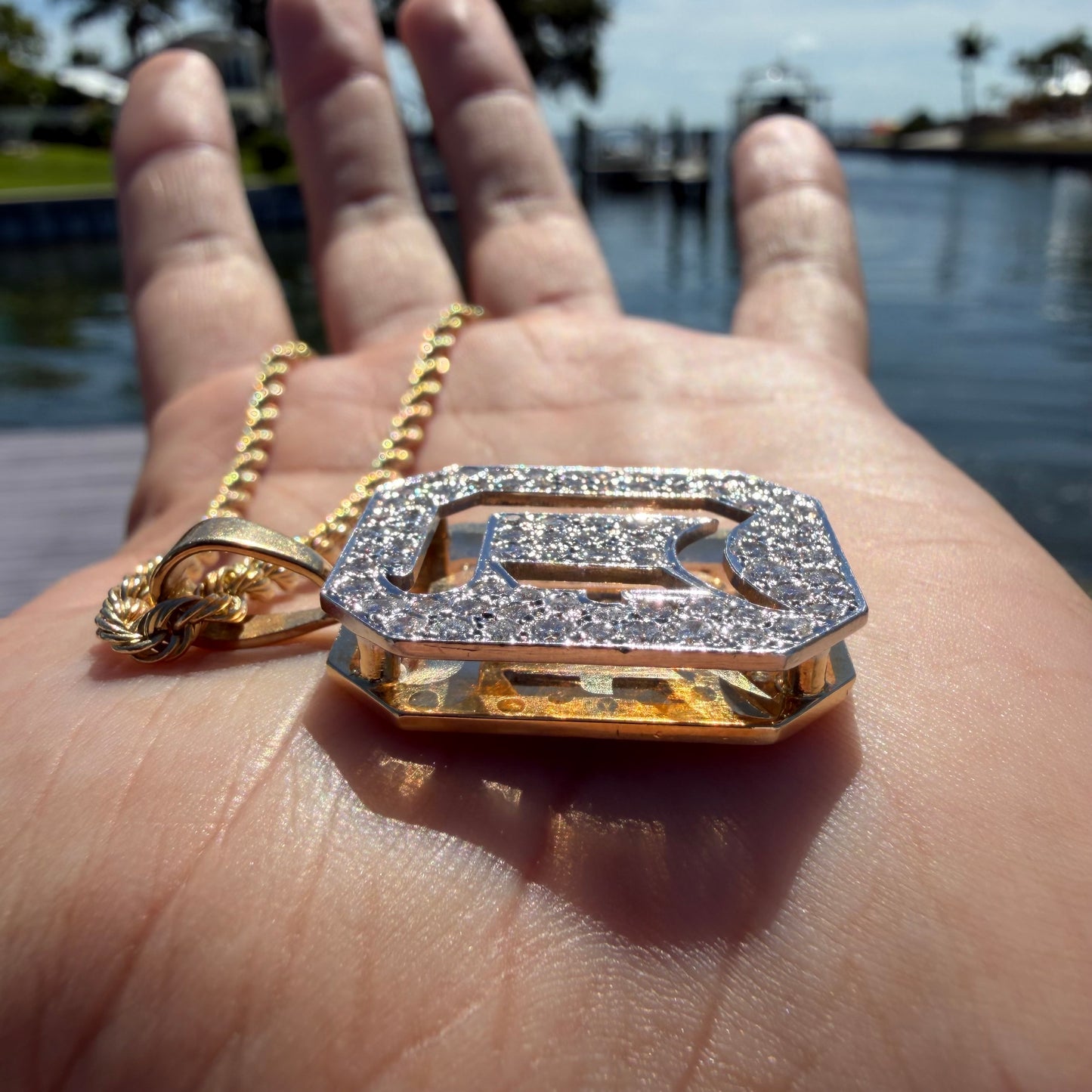 Vintage Custom Made Solid 14k Yellow Gold 3.25ctw Natural VS Diamond Encrusted “D” Pendant