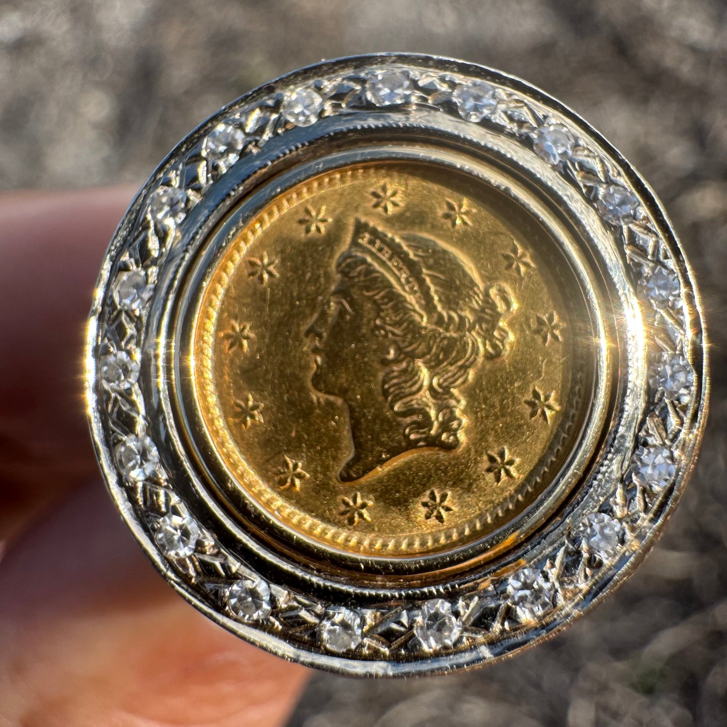 1853 $1 Gold Liberty Coin (22k) Solid 14k Yellow Gold Natural Diamond Halo Nugget Ring (7)