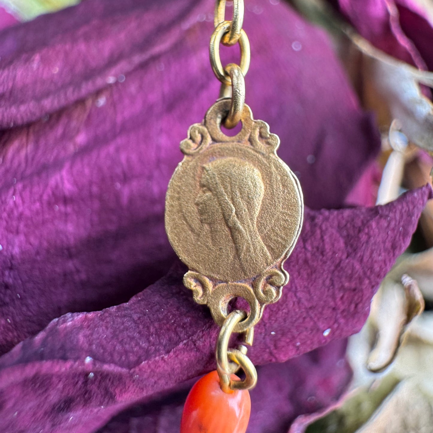 Antique French Hallmarked 18k Yellow Gold Angel Skin Coral Rosary Necklace (23”)