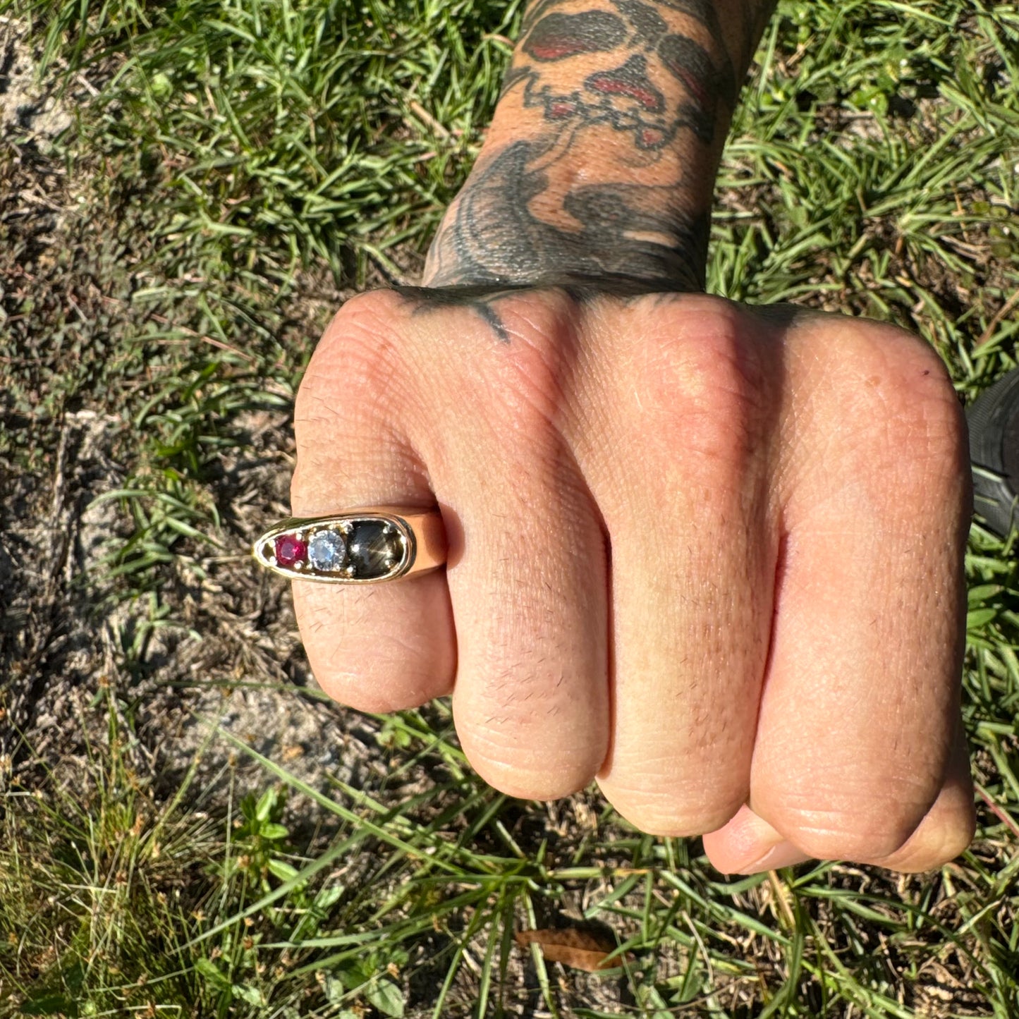 Vintage Solid 14k Yellow Gold .40ct Natutal Diamond, Ruby, Black Star Sapphire Chunky Modernist Ring (7.75)